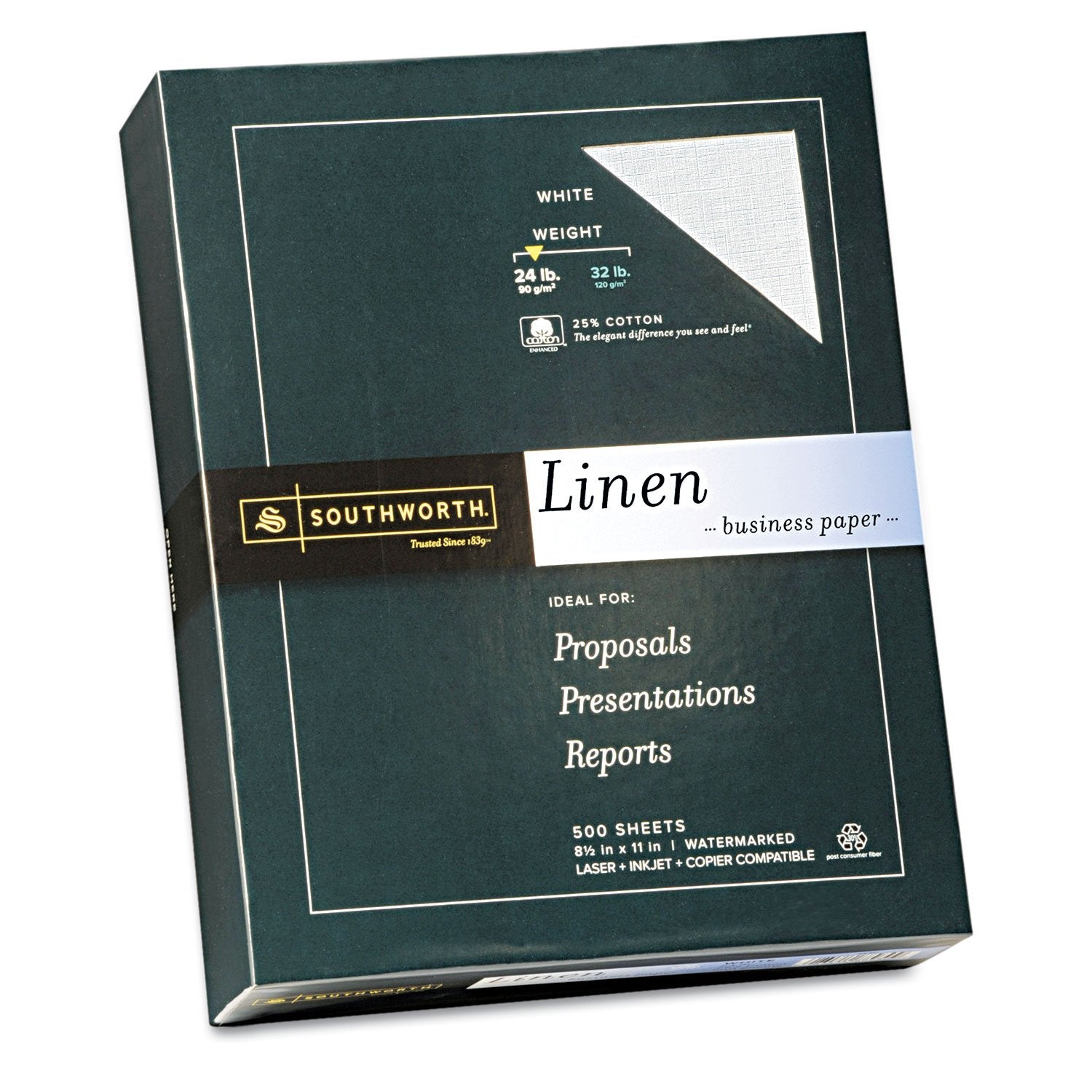 Southworth 554C 25% Cotton Linen Business Paper White 24 Lbs. 8-1/2 X 11 500/Box Fsc