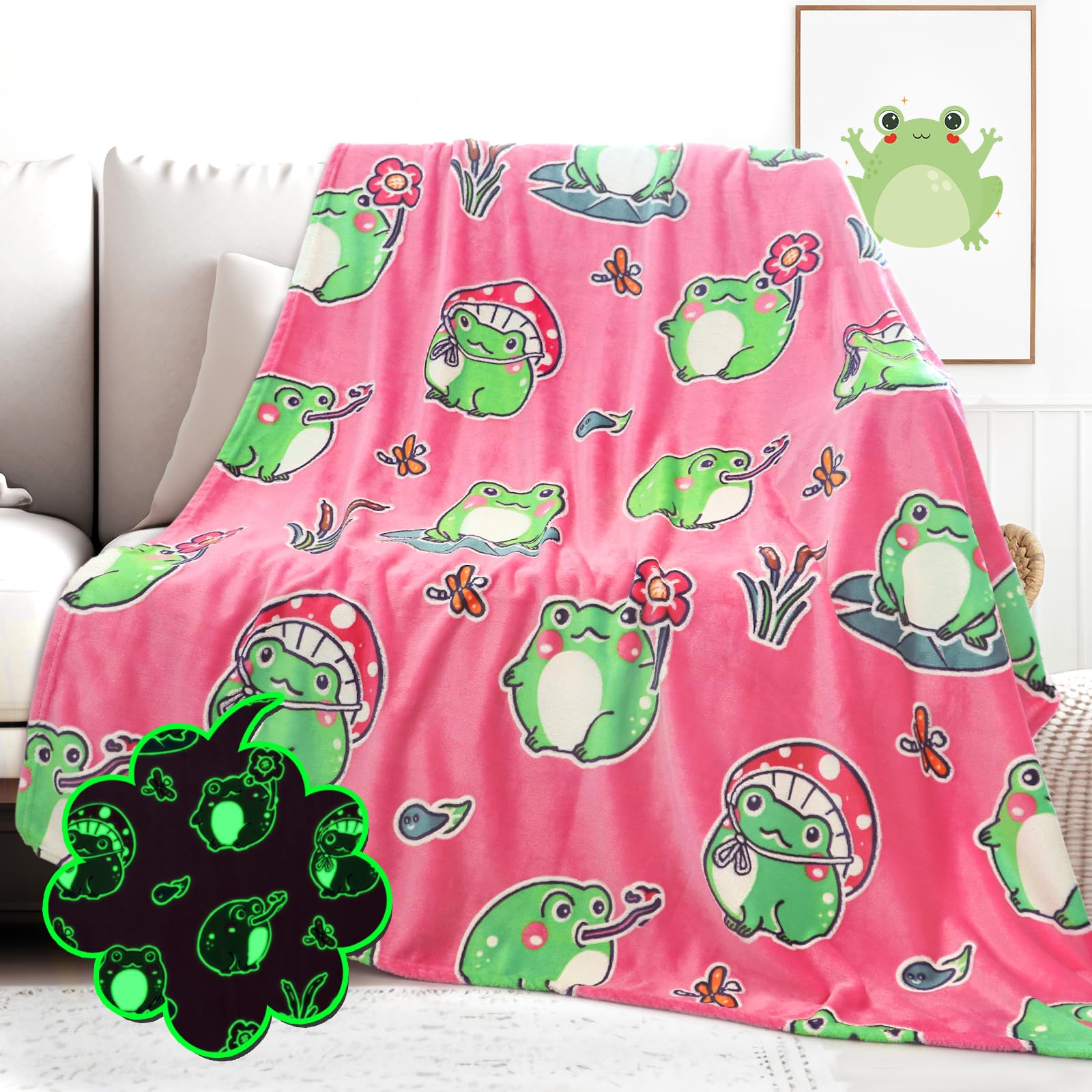 Hwing Glow In The Dark Frog Blanket Cute Frog Gifts For Girls Women Frog Stuff Frog Decor For Bedroom Mushroom Frog Throw Blanke