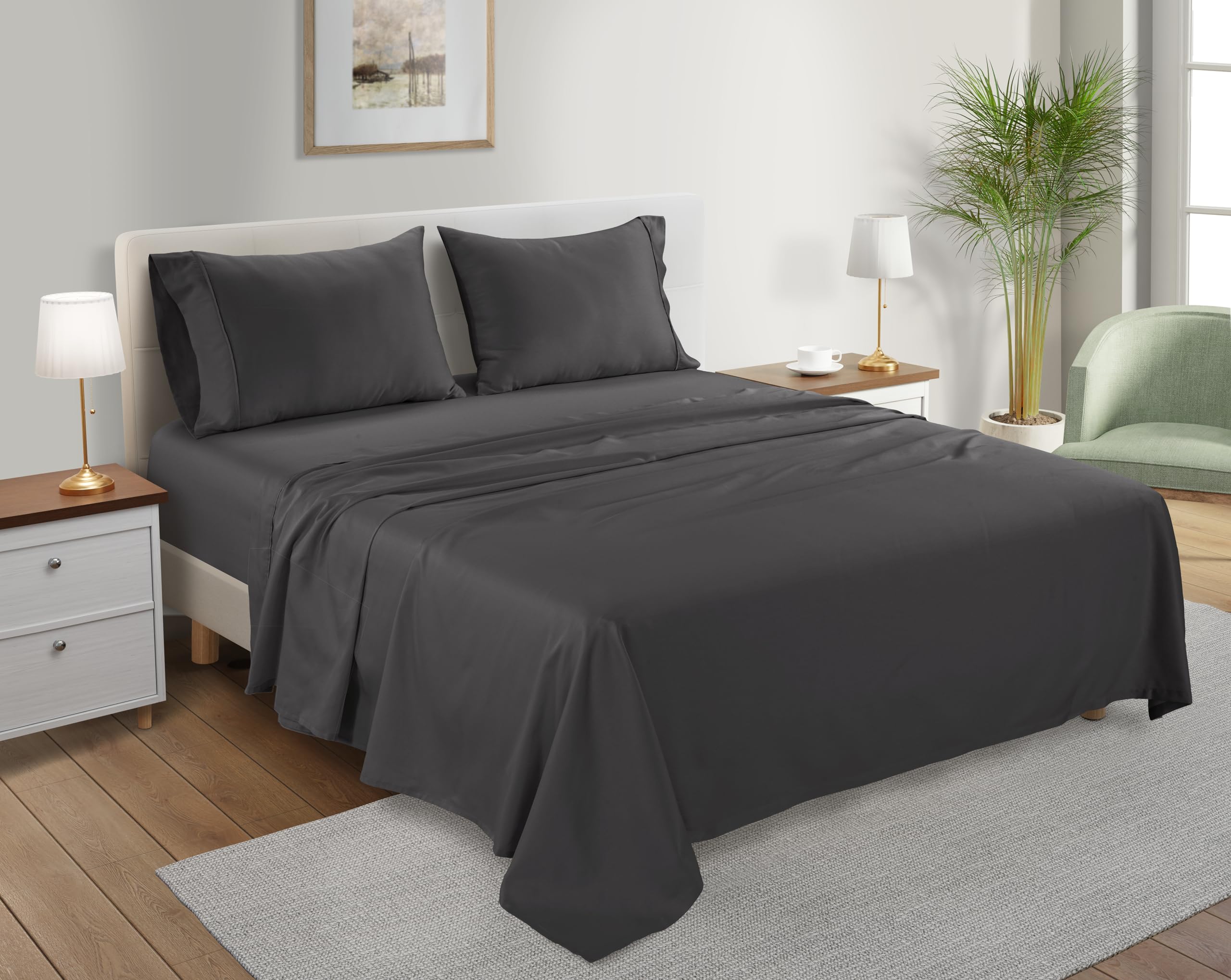 King Sheets- 100% Organic Cotton Sheets King Size Bed Sheets - Gots Certified 300 Tc Staple Cotton Sheets For King Size Bed, 4 Pc Breathable King Size Sheets Set, Deep Pocket King Sheet Set - Charcoal