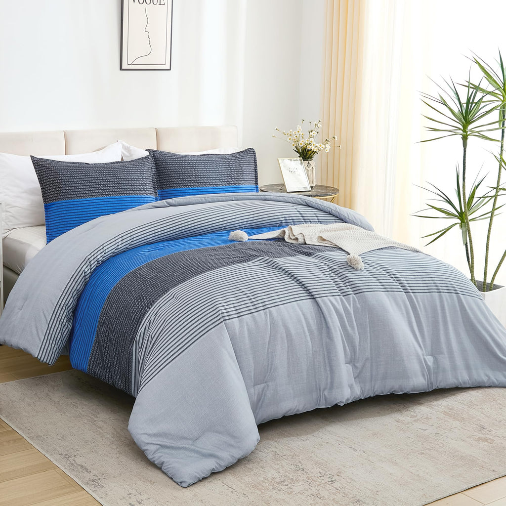 Litanika Bed Comforter Queen Set Grey Blue, Striped Bedding Comforter Set, 3 Pieces Lightweight Soft All Season Down Alternative