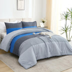 Litanika Bed Comforter Queen Set Grey Blue, Striped Bedding Comforter Set, 3 Pieces Lightweight Soft All Season Down Alternative