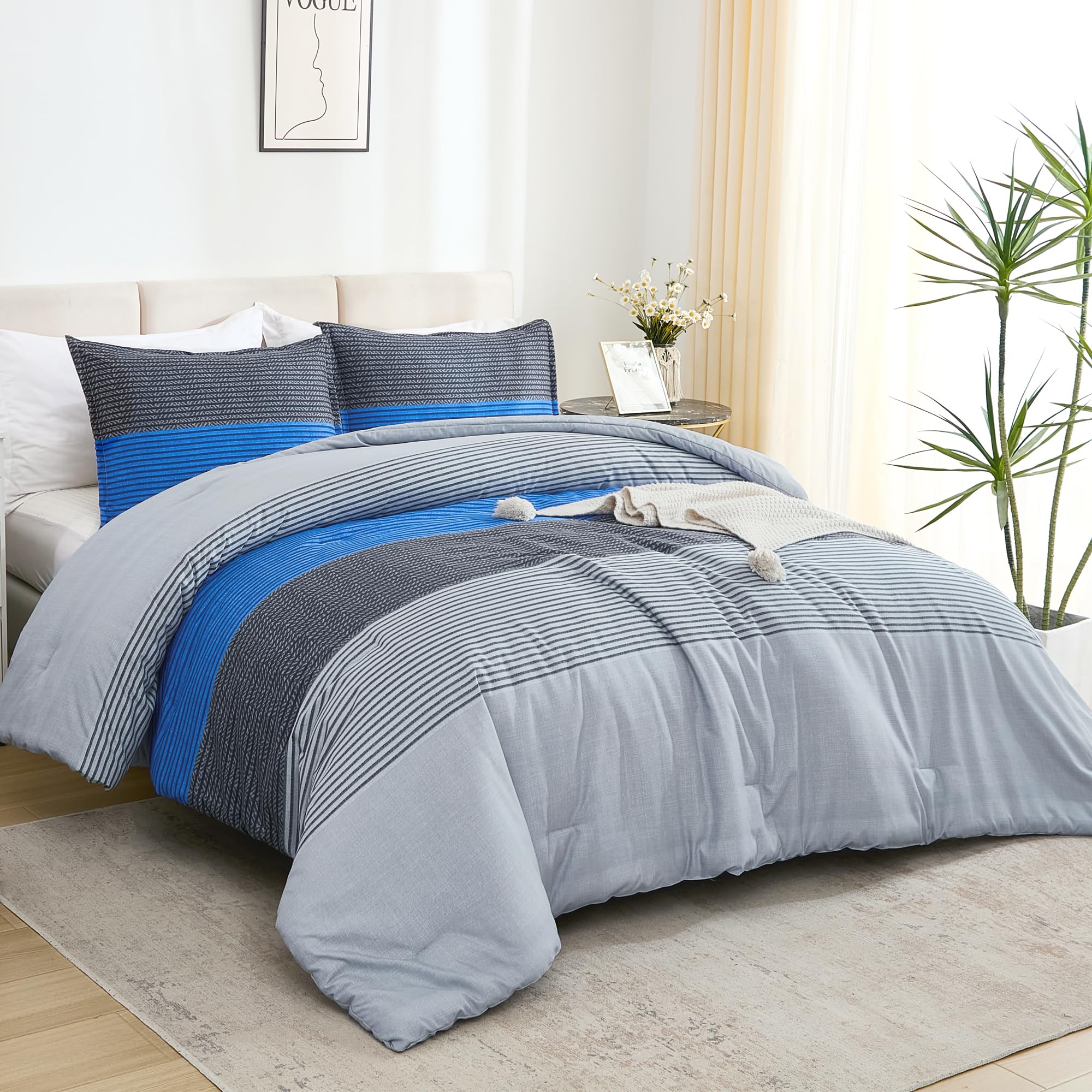 Litanika Bed Comforter Queen Set Grey Blue, Striped Bedding Comforter Set, 3 Pieces Lightweight Soft All Season Down Alternative