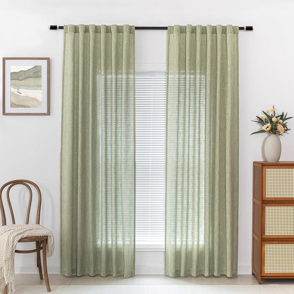Mysky Home Patio Sage Curtains For Sliding Door, Living Room Curtains & Drapes Soft Farmhouse Window Treatments 90 Inch Length 2 Panels Set Linen Look Semi Sheer Draperies, 50' W X 90' L, Sage Green