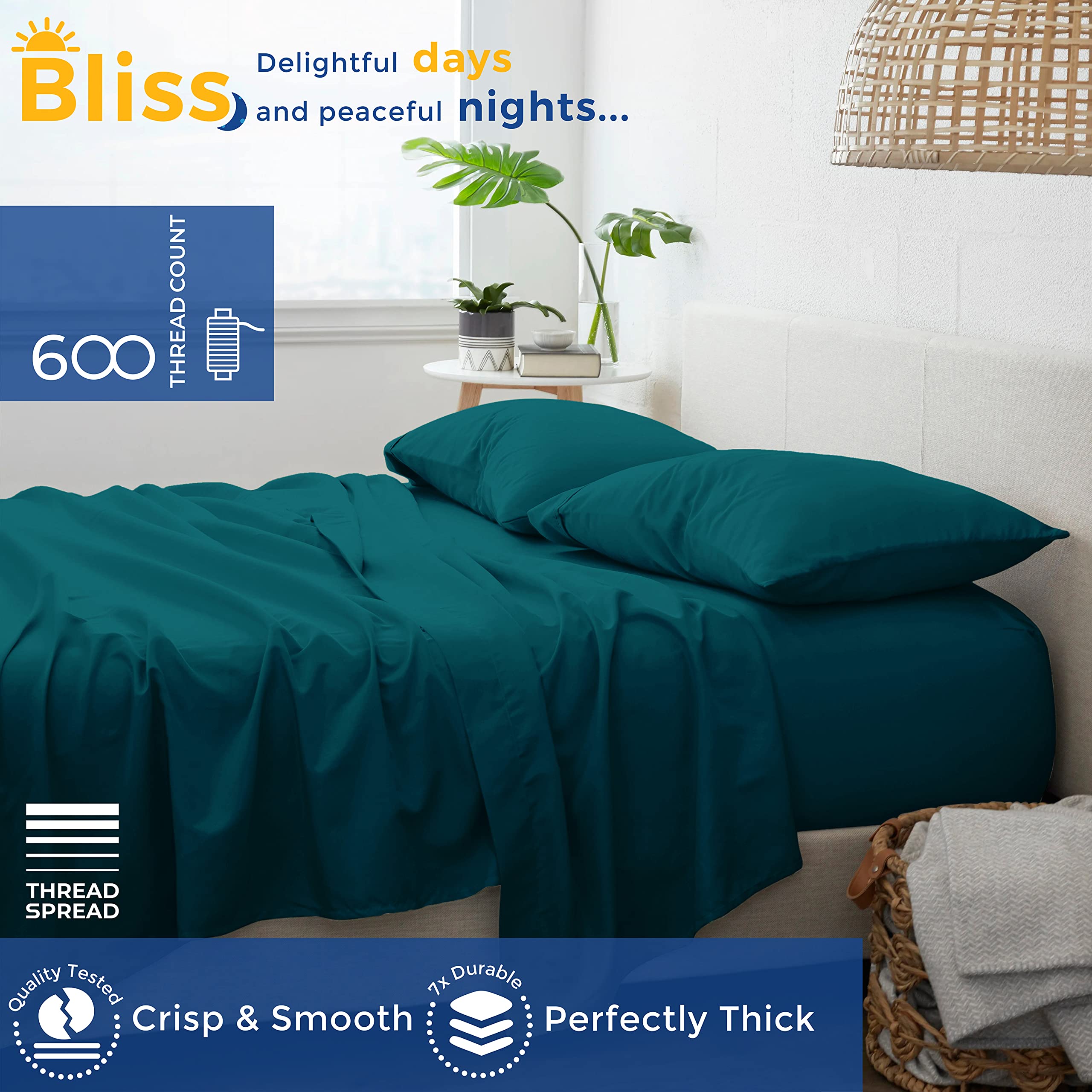 100% Cotton Full Size Sheet Set - 4 Piece Set - Hotel Luxury Bed Sheets - Deep Pockets - Easy Fit - 600 Thread Count Sateen Weave Breathable & Cooling Sheets - Dark Teal Bed Sheets - Fulls Sheets