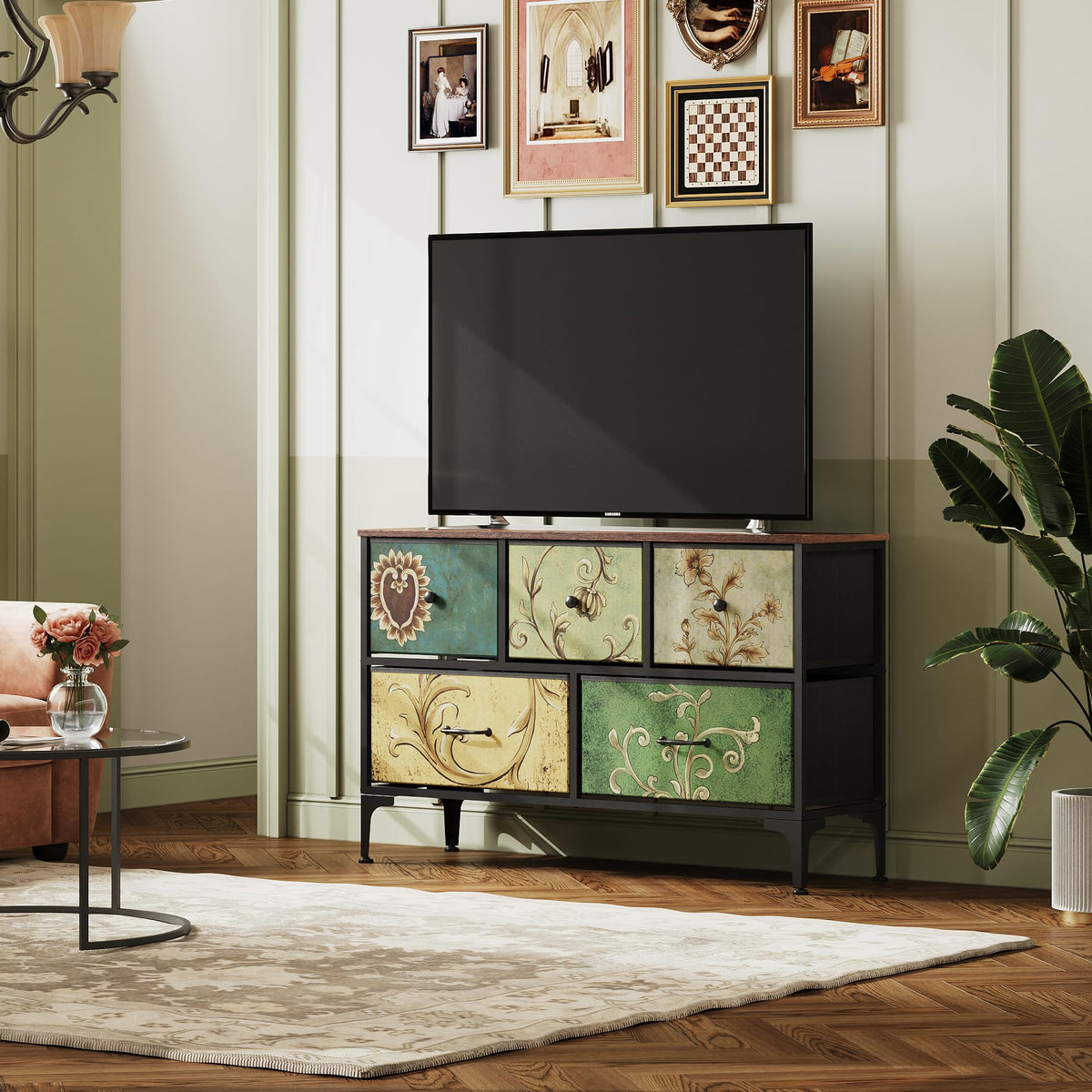 Wlive Dresser For Bedroom With 5 Drawers, Wide Chest Of Drawers, Fabric Dresser, Storage Organizer Unit With Fabric Bins For Closet, Living Room, Hallway, Floral Painted