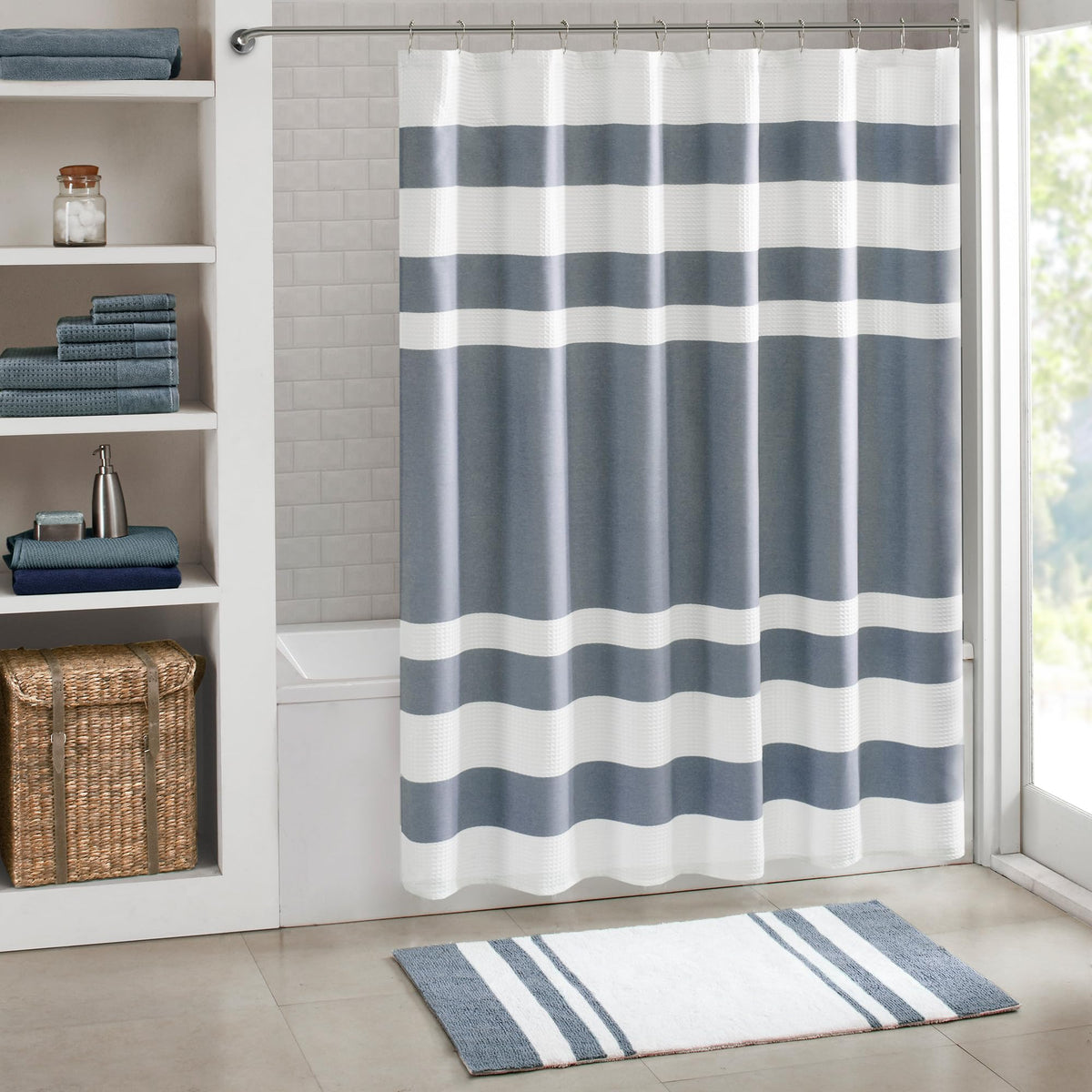 Madison Park Spa Waffle Shower Curtain Pieced Fabric Extra Long Premium Spa Quality Modern Shower Curtains For Bathroom, Tall 72X84, Indigo Blue