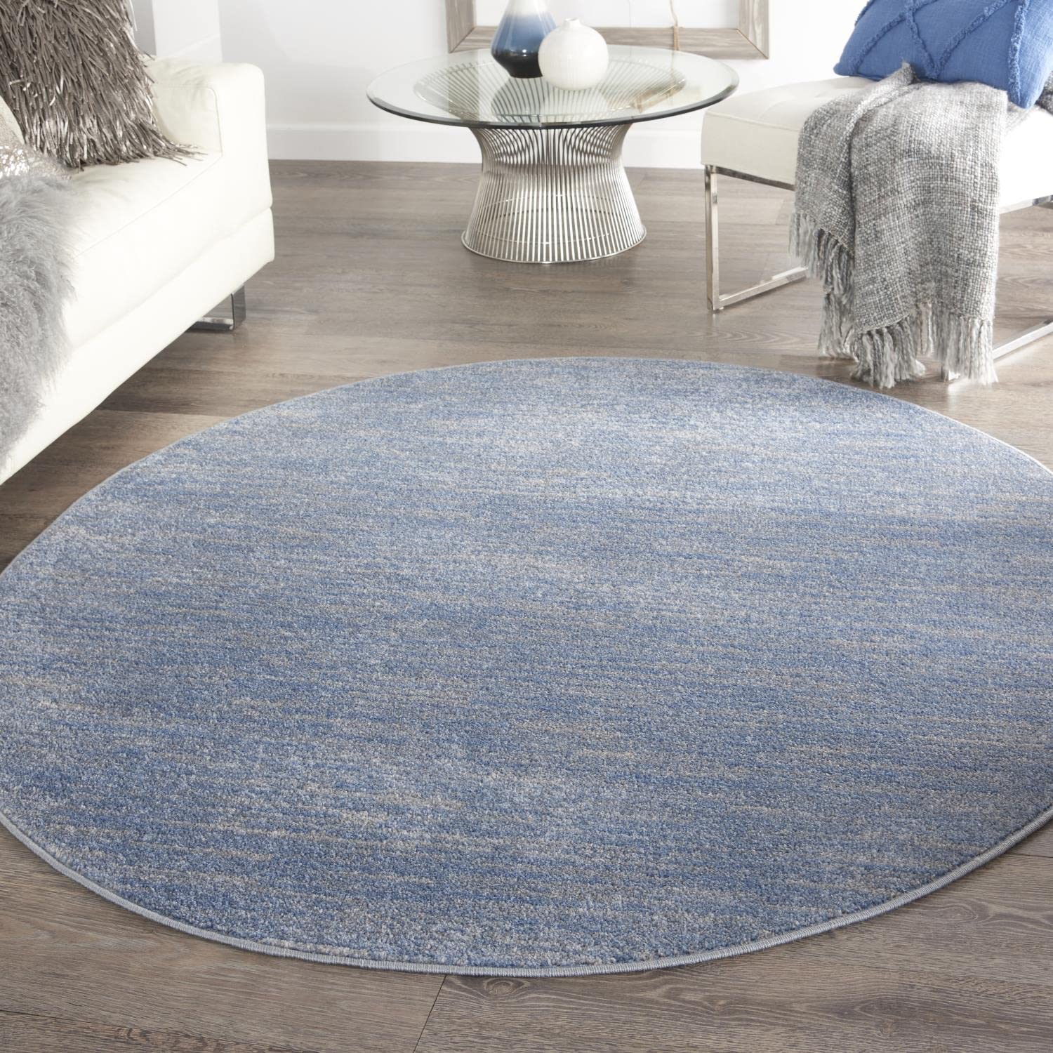 Nourison Essentials Indoor/Outdoor Blue/Grey 6' X Round Area -Rug, Easy -Cleaning, Non Shedding, Bed Room, Living Room, Dining Room, Backyard, Deck, Patio (6 Round)
