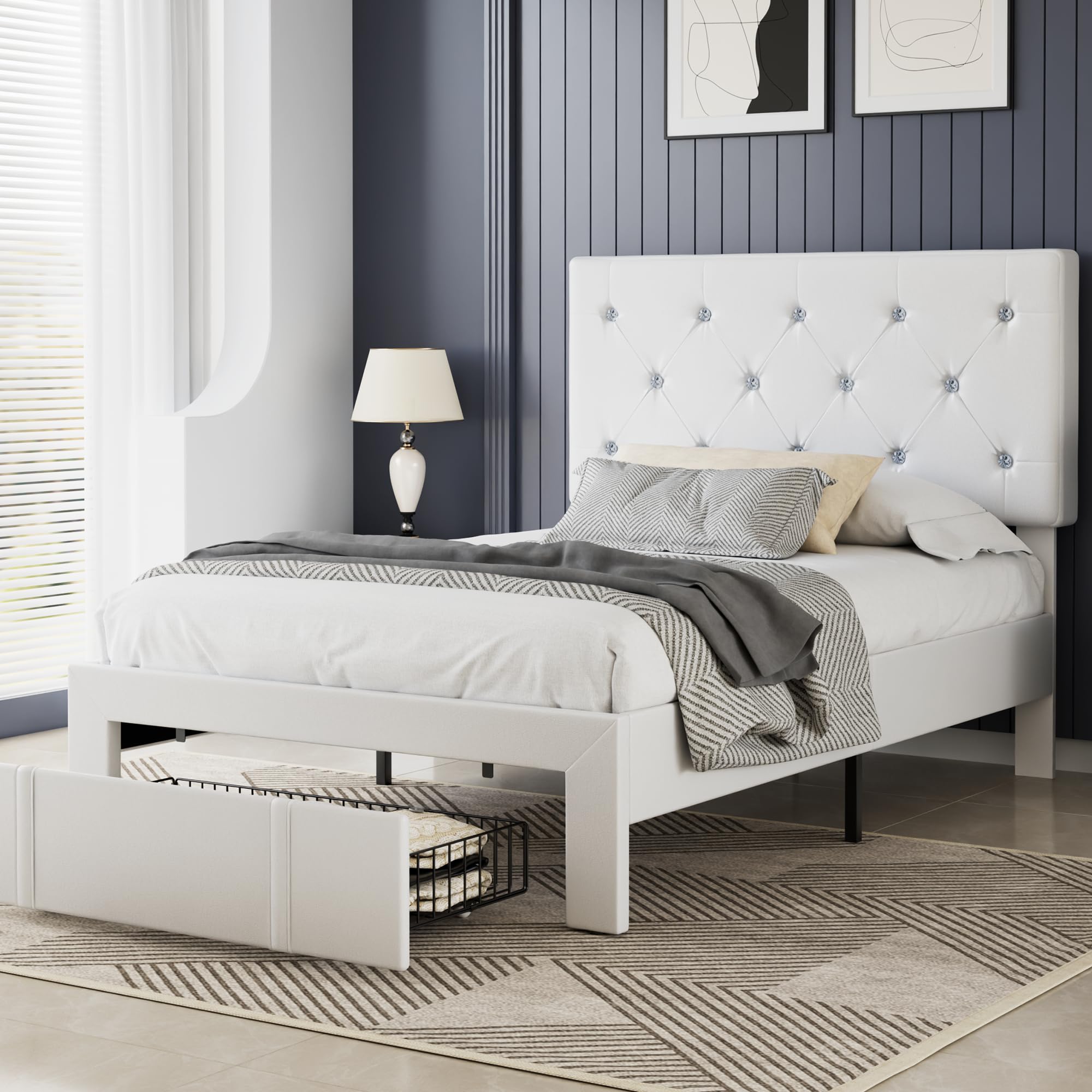 VECELO Twin Size Bed Frame with Storage Drawers, Leather Upholstered with Diamond Tufted Headboard, Solid Wood Slat Support, No 