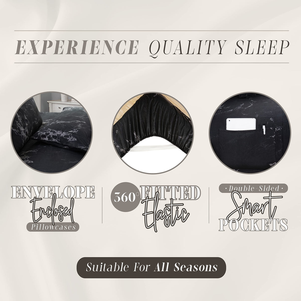 Elegant Comfort Eloise Marble Printed 6-Piece Sheet Set, 1500 Premium Hotel Quality Microfiber, Soft, Wrinkle And Fade Resistant, Fitted Sheets With Smart Pockets, Marble Sheet Set, Full, Black