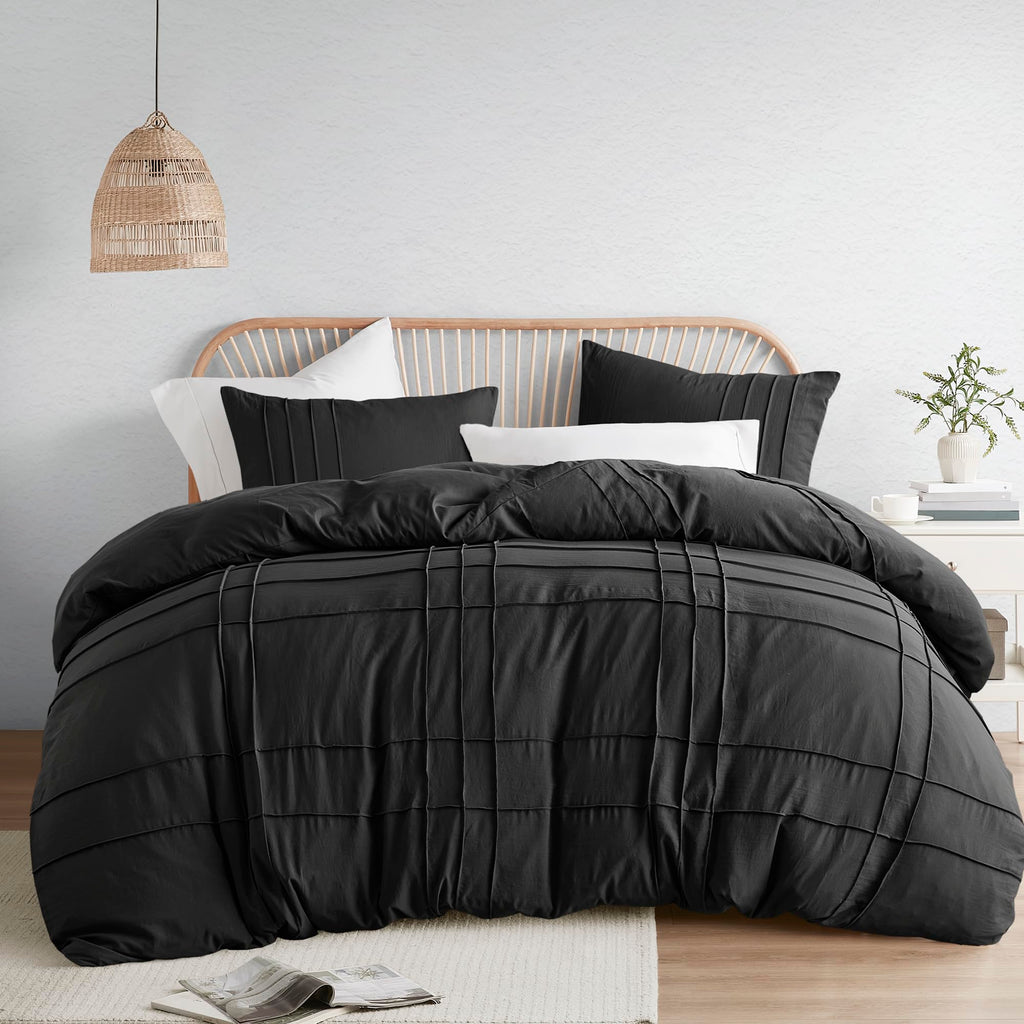 Comfort Spaces Black King Size Duvet Cover Set - 3 Pieces Pintuck Pleated Duvet Cover King, All Season Lightweight, Extra Softness Pre-Washed Microfiber King Bedding Cover Shams, King/Cal King