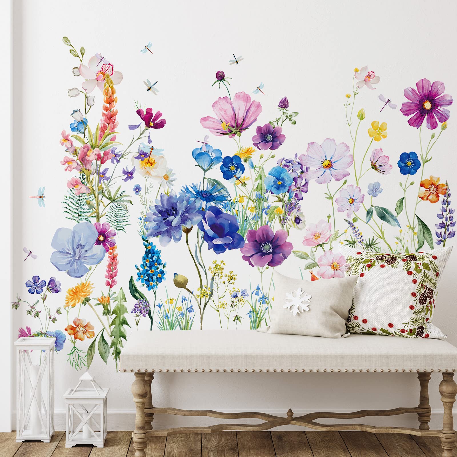 6 Pieces Flowers Wall Decals Vinyl Dragonflies Flowers Wall Stickers Removable Floral Wall Murals Peel and Stick Colorful Flower