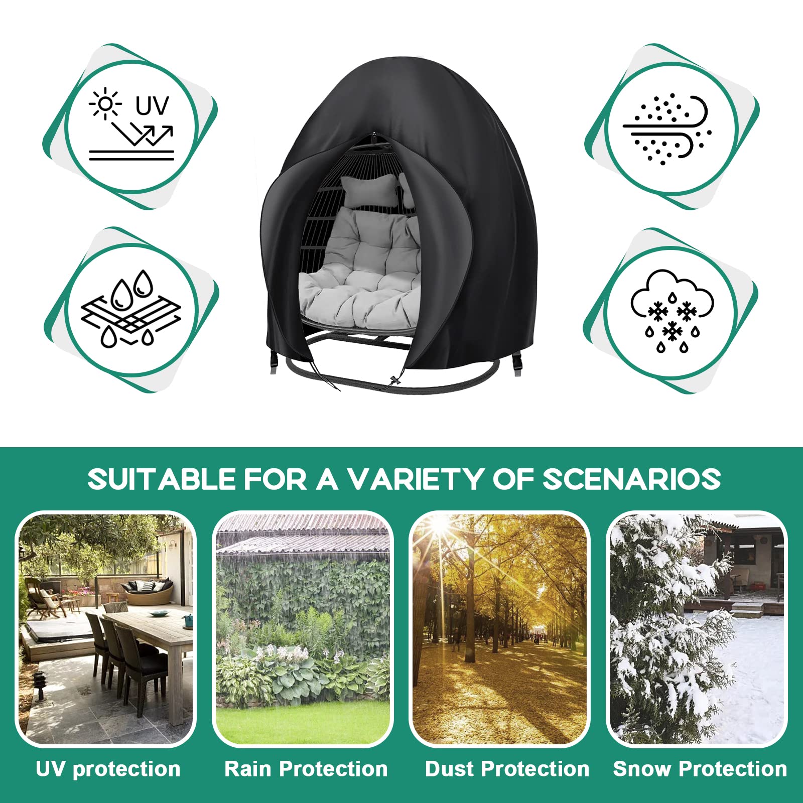 Boyspringg Patio Egg Chair Cover, 91X80 Inches, Extra Large Double Egg Chair Cover For Outdoor Furniture, Heavy Duty Swing Hanging Egg Chair Cover Waterproof, Anti-Uv, Dust-Proof(Black)
