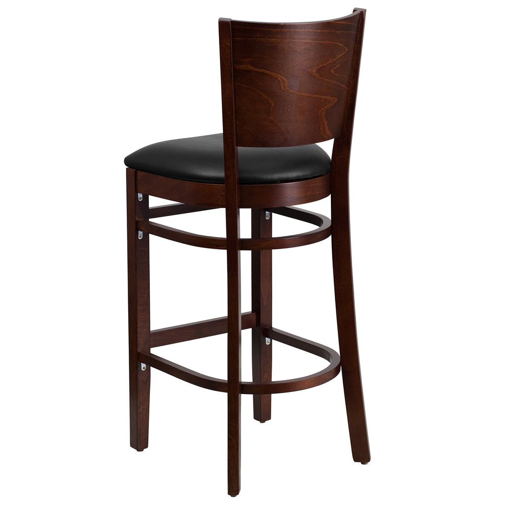 Flash Furniture Lacey Series Solid Back Walnut Wood Restaurant Barstool - Black Vinyl Seat