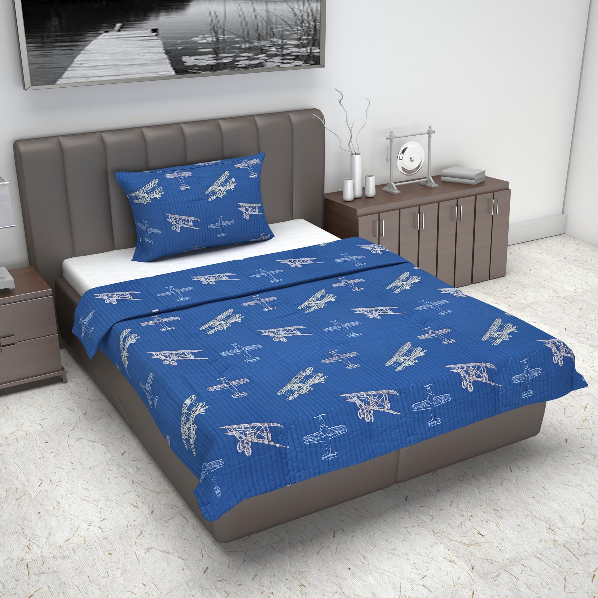 Divine Casa Blue Printed Single Bed Bedspread  60X87 Inches  Lightweight & Soft With 1 Pillow Cover  Fly Away With Me Design