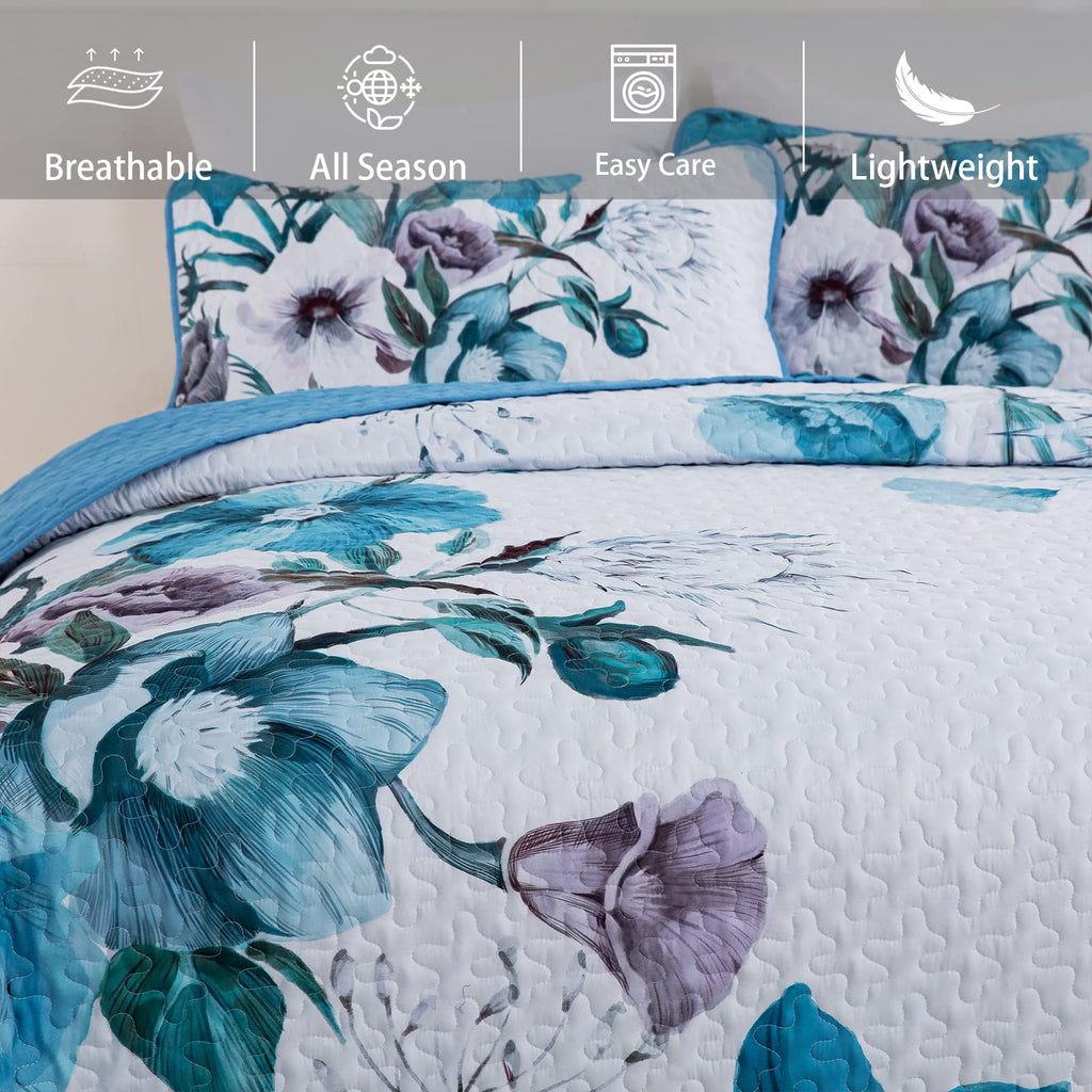 Drucon Floral Quilt Set Queen 3 Pieces Boho Blue Floral Quilt Coverlet Set Soft Microfiber Lightweight Blue Quilted Bedspread Fo