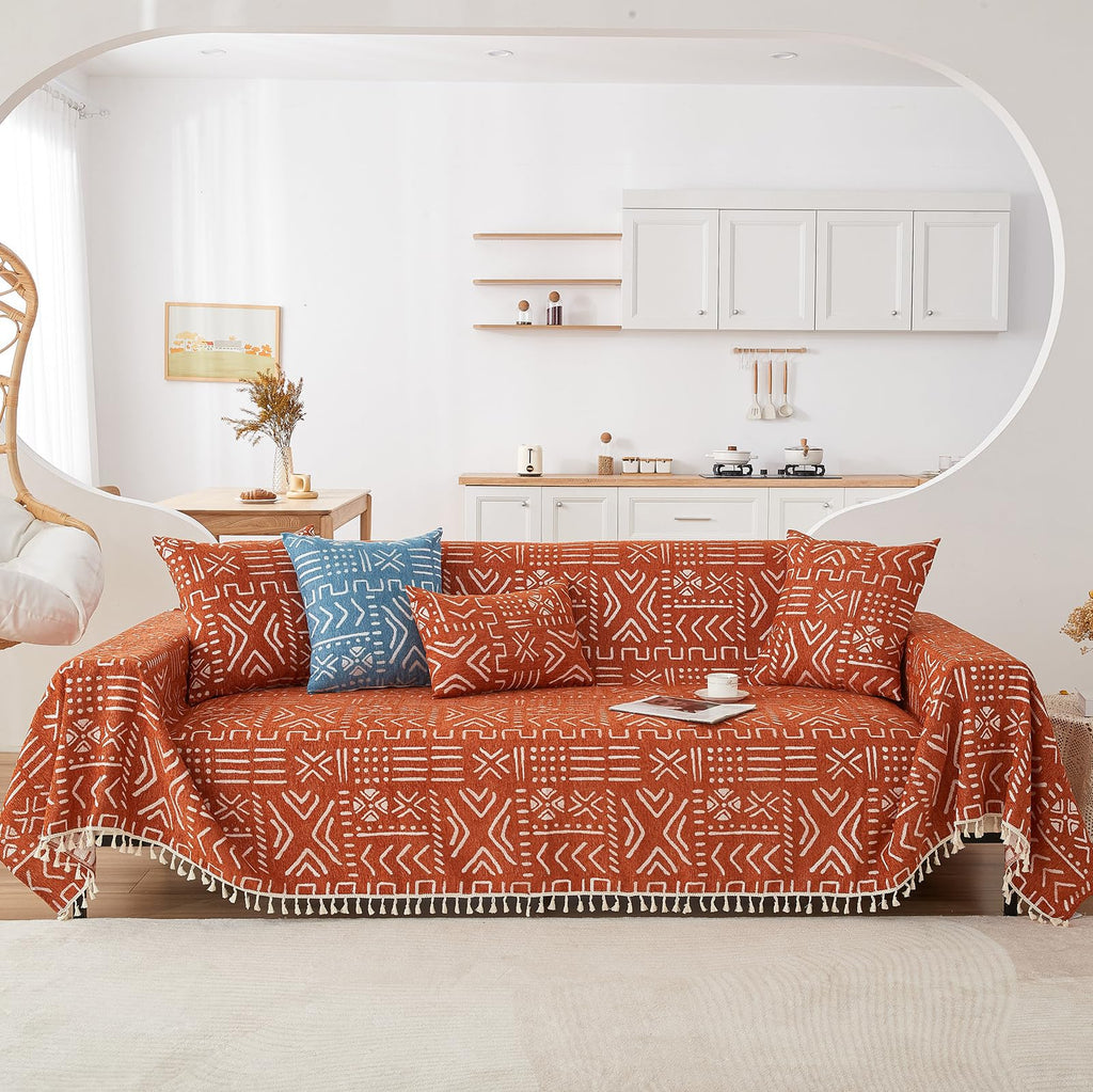 Handontime Boho Aztec Sofa Slipcover For Sofa/Couch Farmhouse Geometric Couch Protector For Dogs With Tassel Brick Orange Couch Covers Sofa Cover For Dogs Cats Kids Bohemian Sofa Décor, 71' X150'