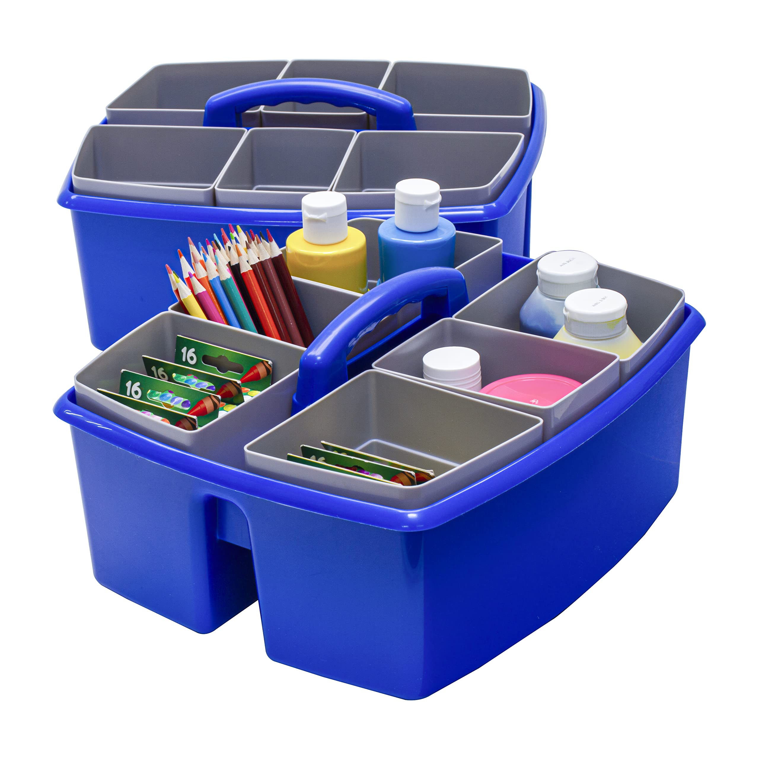 Storex Large Classroom Craft Caddy With Cups, 13 X 11 X 6.575 Inches, Blue, Case Of 2 (00985A02C)