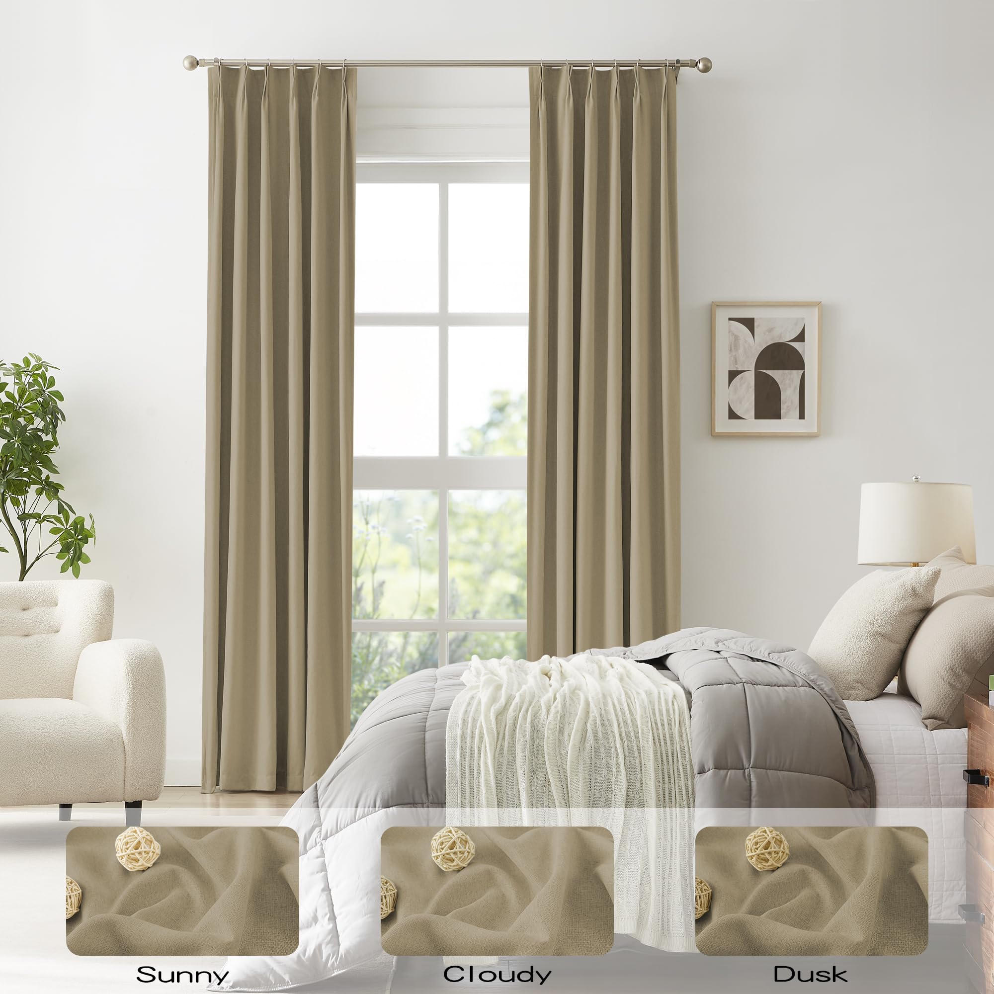 Dualife Luxury Blackout Curtains For Bedroom 96 Inches Long Taupe, Pinch Pleated Linen Blend Farmhouse 100% Blackout Thermal Ins