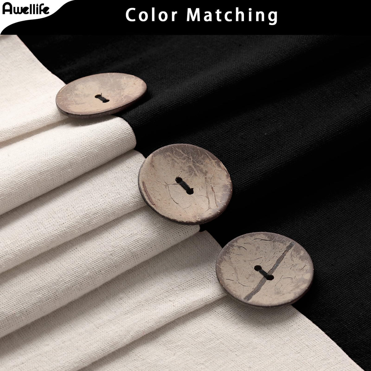 Awellife Linen Button Farmhouse Beige Shower Curtain,Linen And Cotton Woven Fabric,Pleated Brown Stripe,Country Style (Black & Cream, 78' L X 72' W)