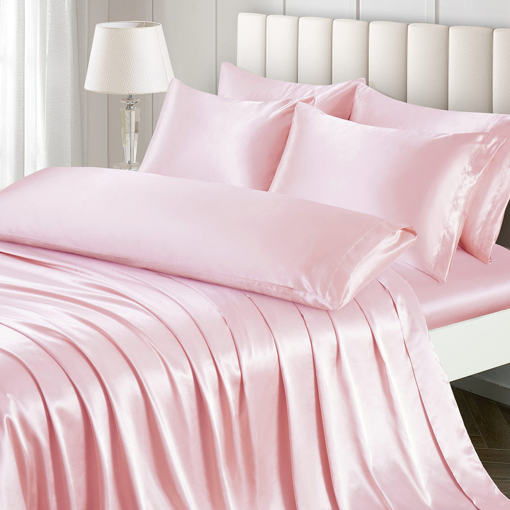 Ersmak 4 Pieces Satin Sheets Set Twin Size, Luxury Silky Blush Pink Satin Bed Sheets Set with 1 Deep Pocket Fitted Sheet, 1 Soft
