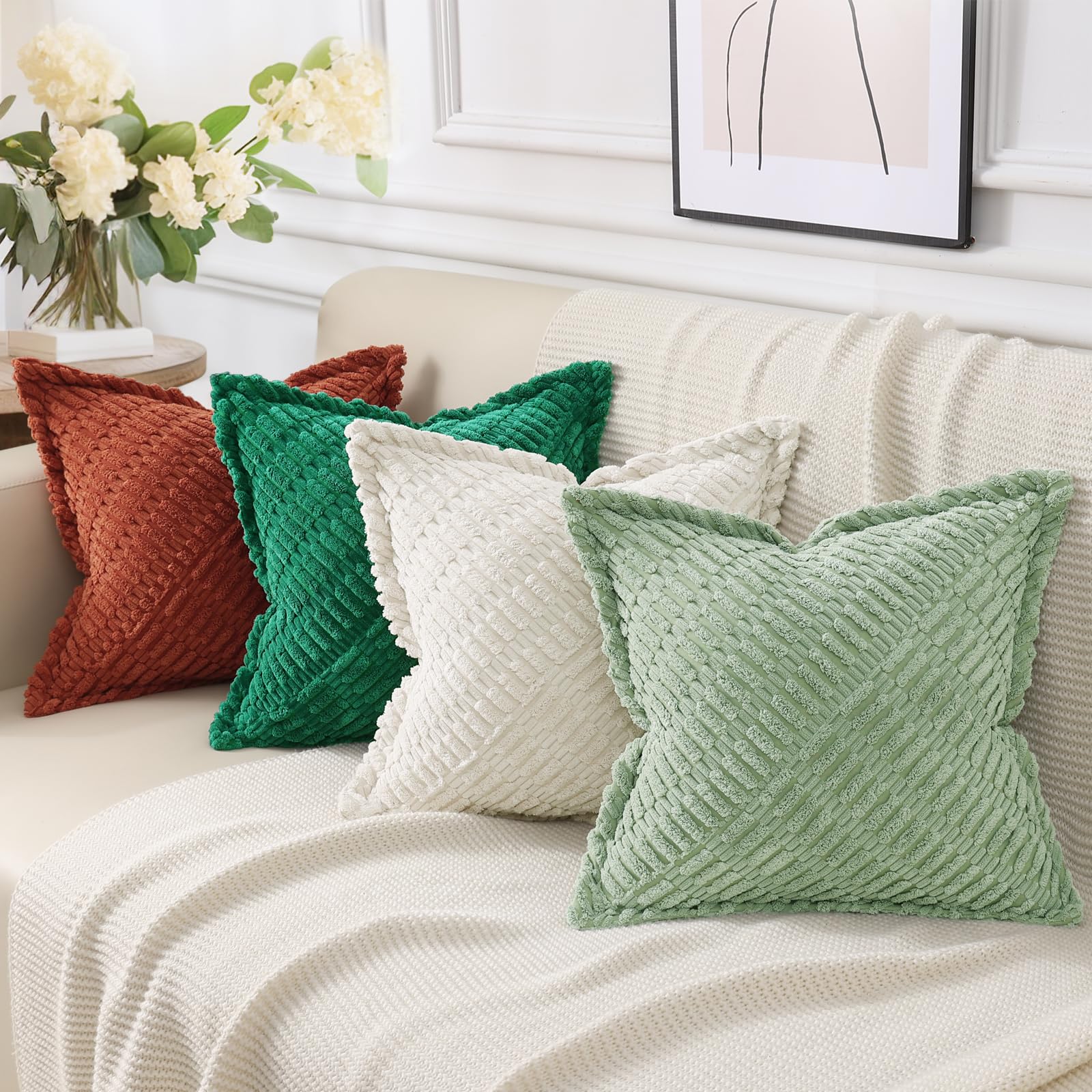 Decoruhome Decorative Spring Sage Green Throw Pillow Covers 20X20 Set Of 2 With Splicing, Boho Soft Corduroy Broadside Twill Pil