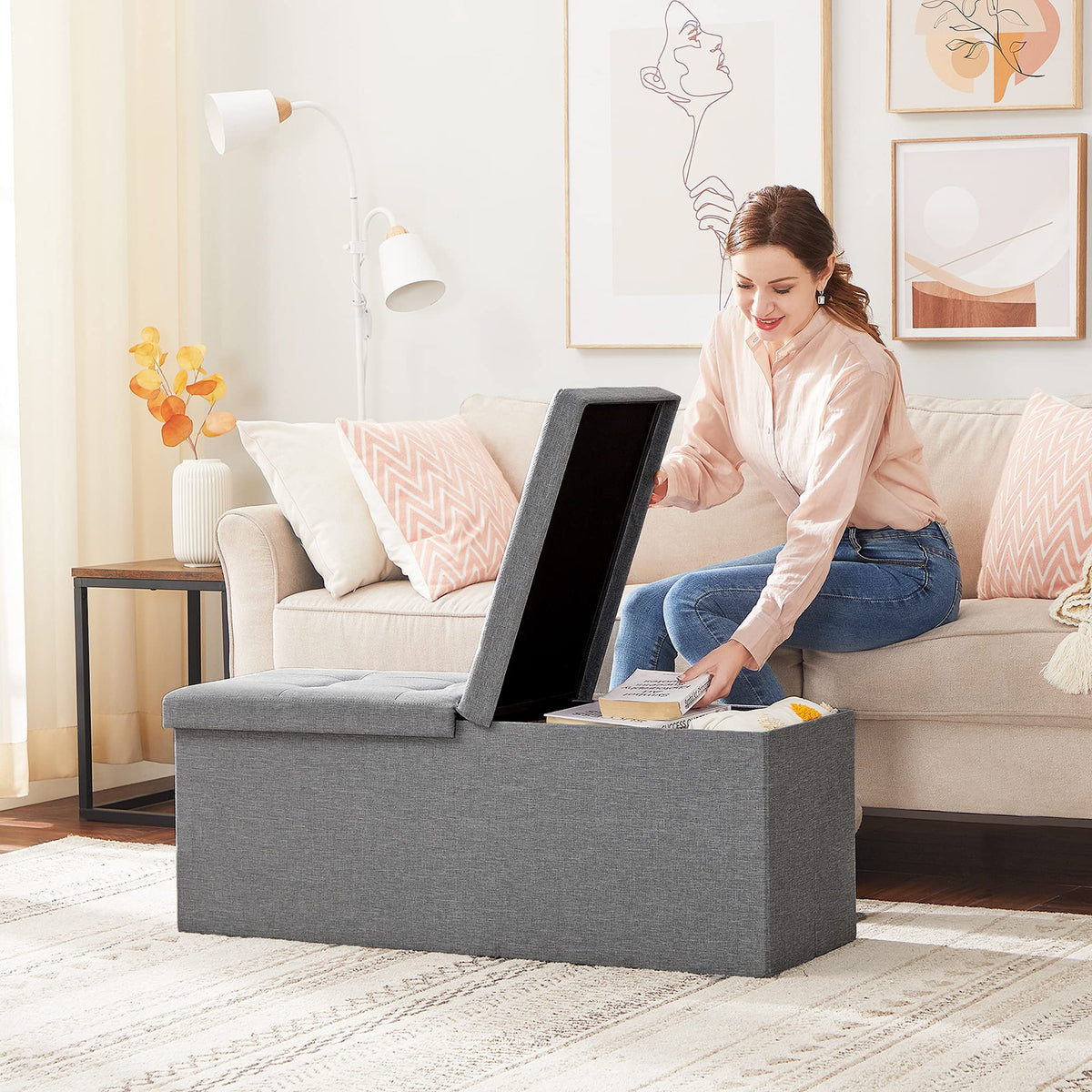 Songmics Mazie Collection - 43 Inches Storage Ottoman, Foldable Storage Bench With Flipping Lid, 660 Lb Load Capacity, For Entryway, Living Room, Bedroom, Light Gray Ulsf71G