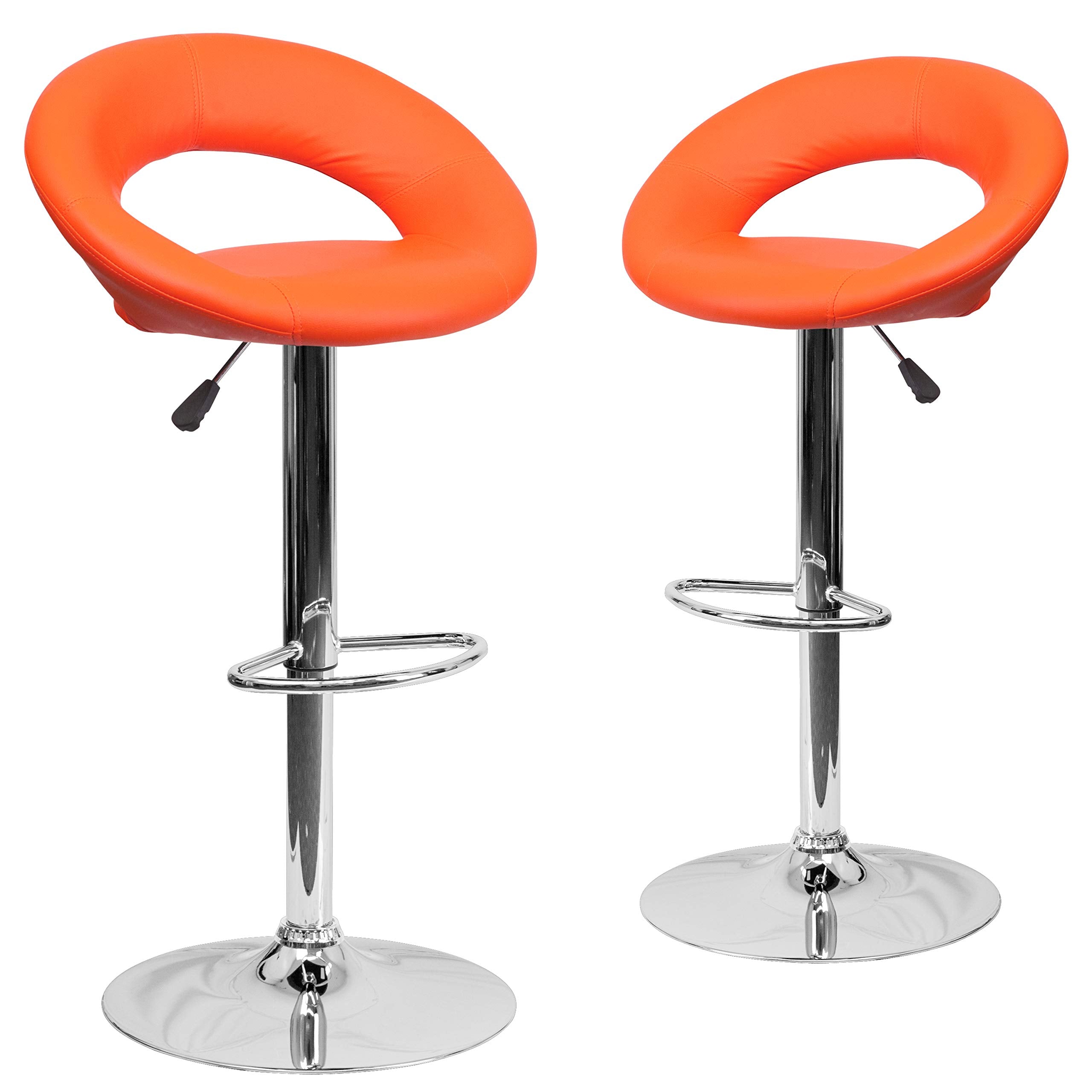 2 Pk. Orange Vinyl Rounded Back Adjustable Height Barstool with Chrome Base
