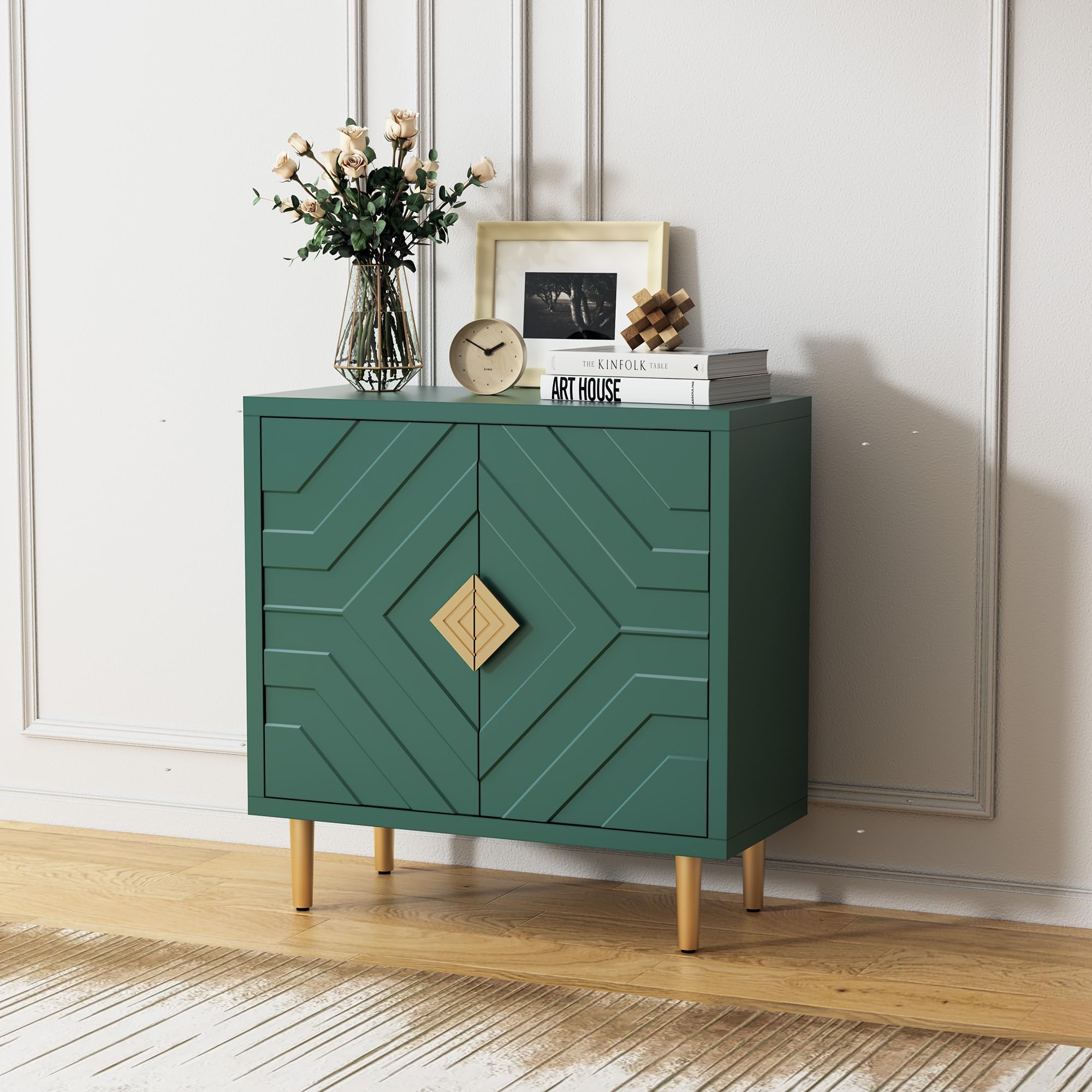 HLR Sideboard Storage Cabinet with 2 Doors, Accent Cabinet with Decorative Embossed Pattern Doors, Sideboard Buffet Cabinet for 