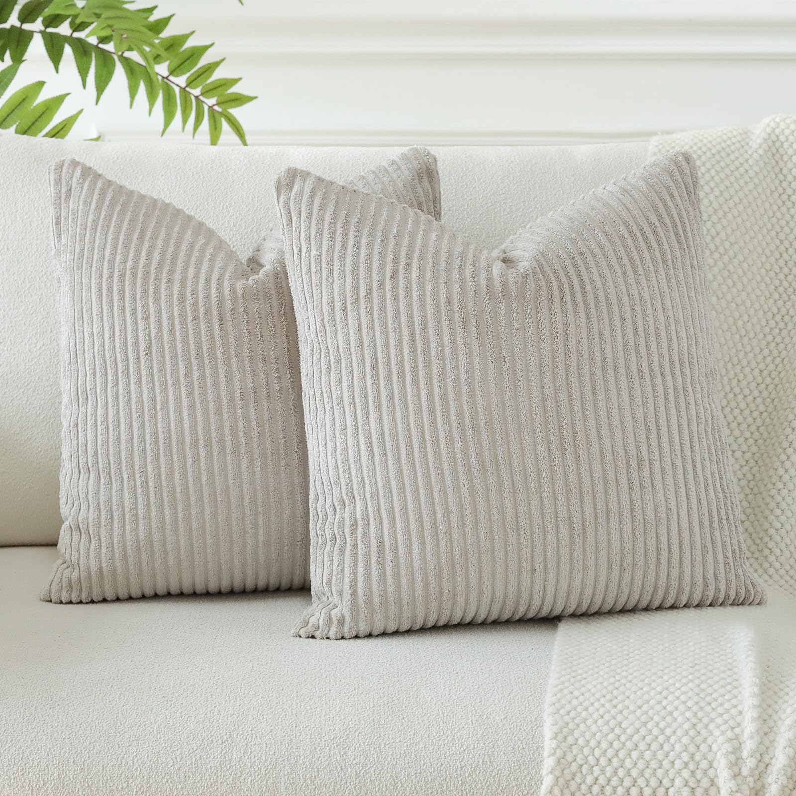 Otostar Pack Of 2 Throw Pillow Covers 18 X 18 Inch Soft Corduroy Decorative Square Solid Striped Cushion Case Couch Farmhouse Home Boho Decor Throw Pillows For Sofa Bed Living Room (Light Grey)