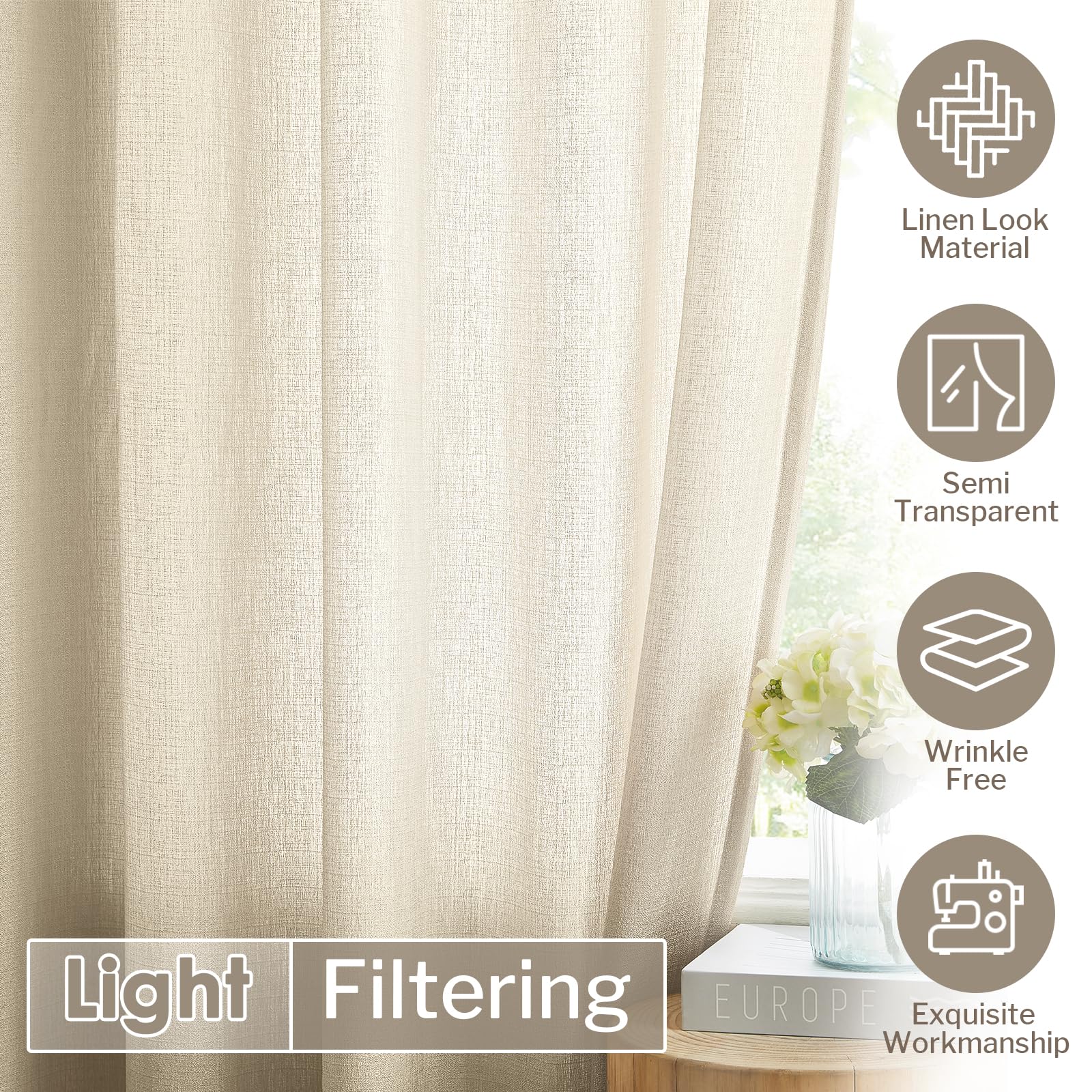 Melodieux Tan Semi Sheer Curtains 72 Inches Long For Bedroom, Living Room Linen Look Privacy Window Rod Pocket Sheer Drapes, 52'