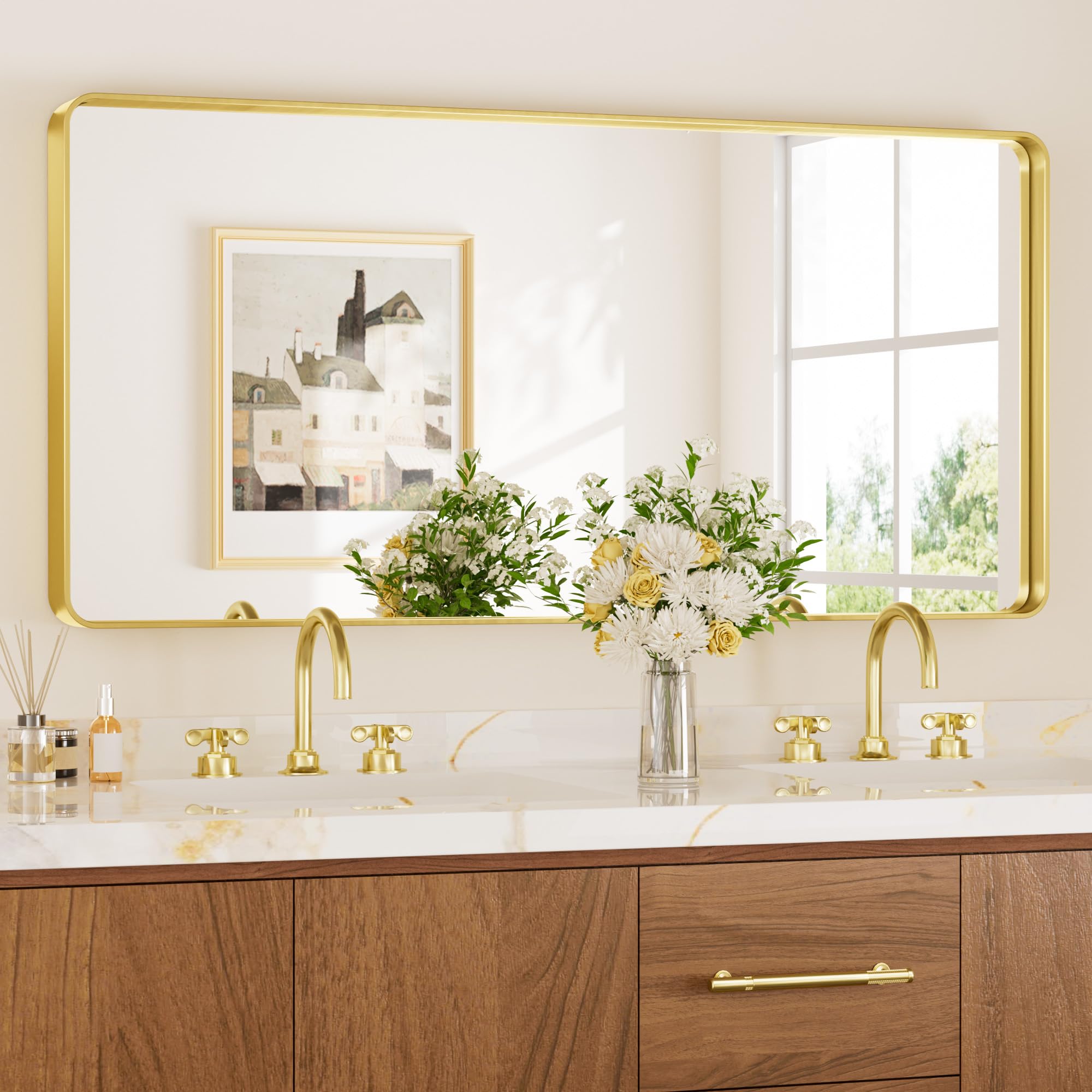 Keonjinn Gold Bathroom Mirrors for Over Sink 42    x 36    Large Brushed Brass Metal Framed Mirror, Rounded Rectangle Bathroom V