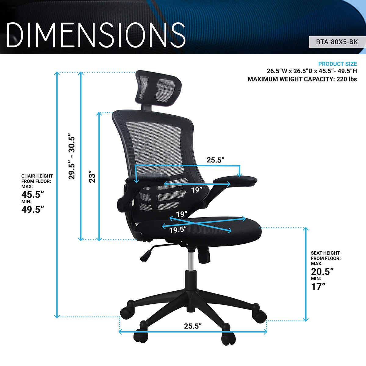 Techni Mobili Modern Ergonomic High-Back Office Chair, Executive Mesh Home Office Chair with Adjustable Headrest & Flip Up Arms, Black , 49.5" x 26.37" x 26.37"