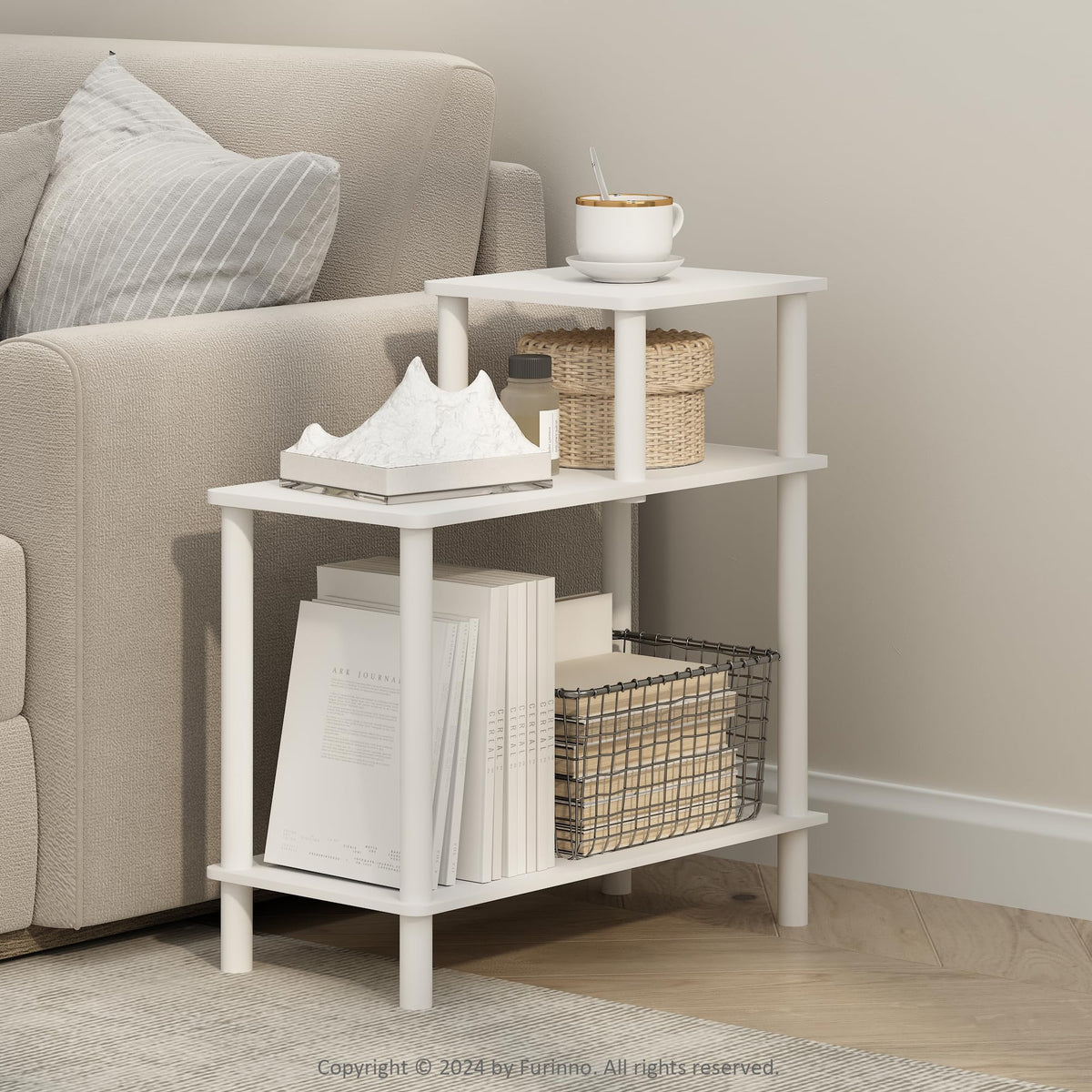 Furinno Turn-N-Tube 3-Tier Rectangular Sofa Side Table, End Table with Open Shelves, White/White