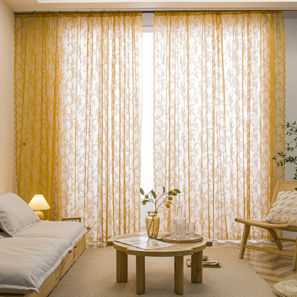 Deeprove Gold Lace Sheer Curtains 96 Inches Long 2 Panels Set, Rose Florals Embroidery Privacy Window Treatment Pair Drapes For