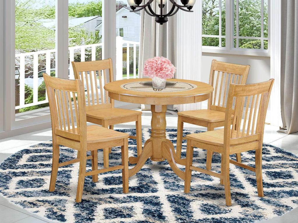 East West Furniture ANNO5-OAK-W 5 Piece Dining Room Furniture Set Includes a Round Dining Table with Pedestal and 4 Wood Seat Chairs, 36x36 Inch, Oak