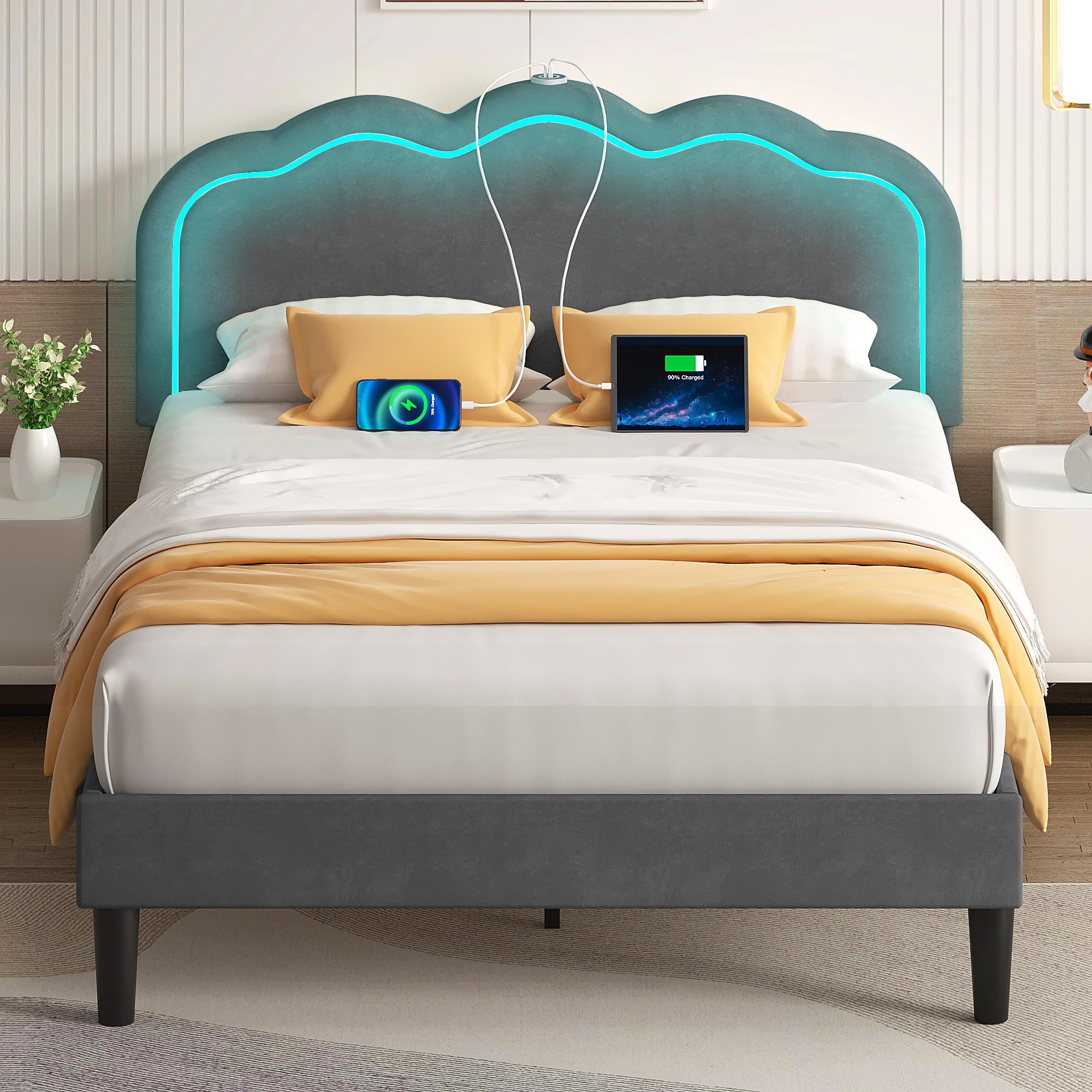 VECELO Upholstered Full Bed Frame with Headboard Adjustable, LED Lights, USB-A & Type-C, Velvet Platform Bed Noise Free, Mattres