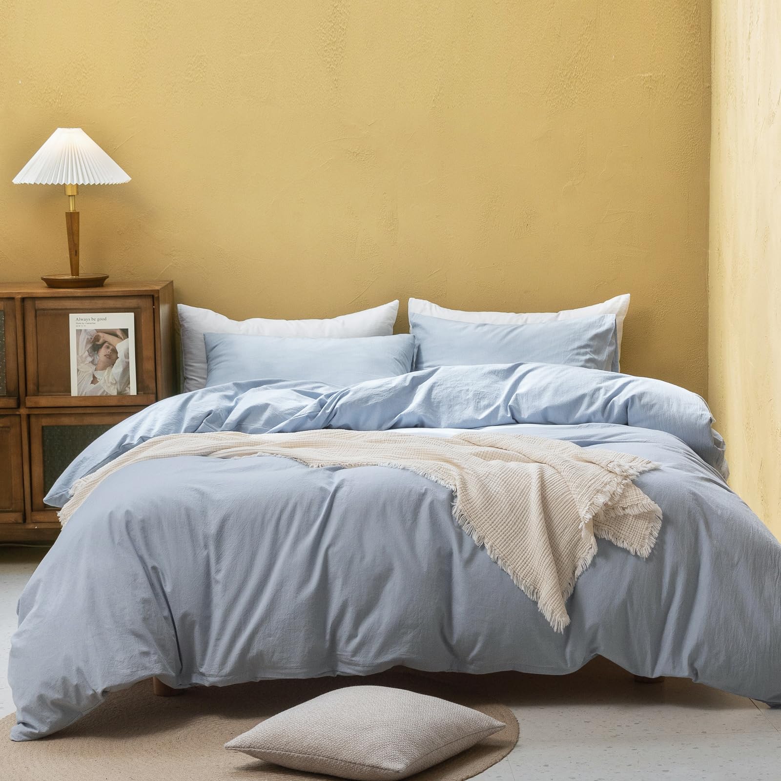 Fossa Blue Duvet Cover Set, 100% Washed Cotton Linen Duvet Cover Feel Super Soft Breathable Lightweight 3 Pcs Bedding Sets Cornf