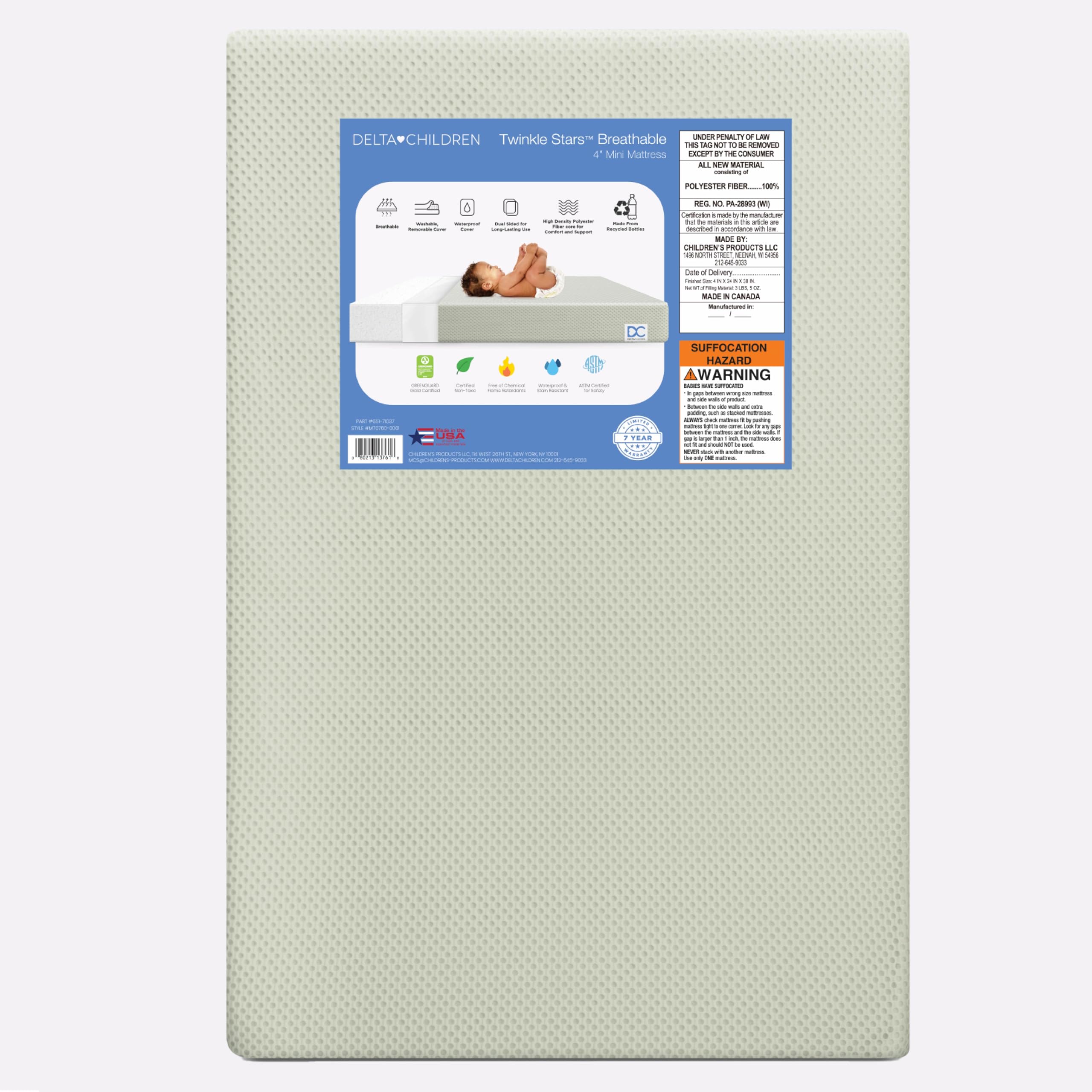 Delta Children Twinkle Stars Breathable 4-inch Mini Crib Mattress with Removable/Machine Washable Cover - GREENGUARD Gold - Wate