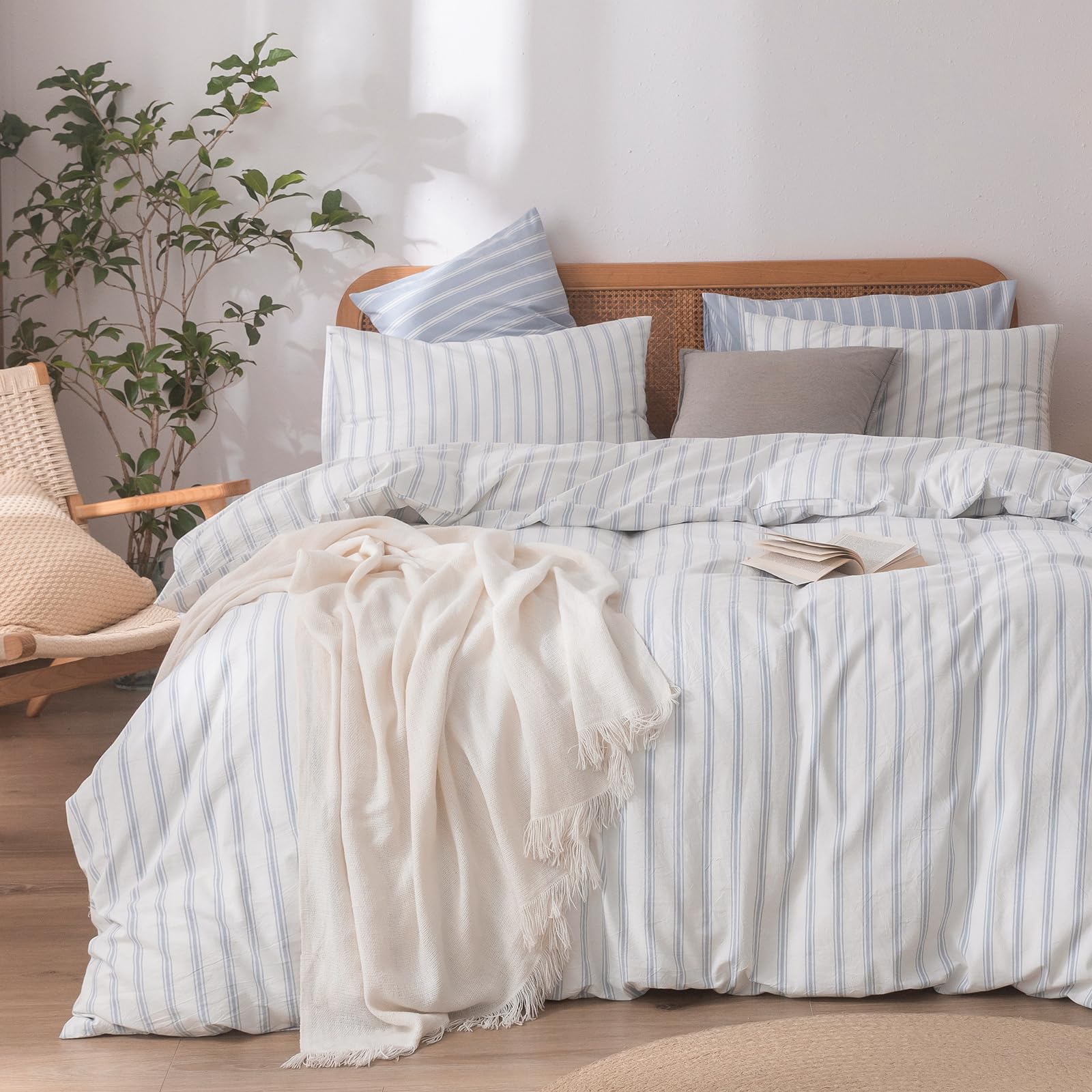 BESTOUCH Duvet Cover Set 100% Washed Cotton Linen Feel Super Soft Comfortable Chic Lightweight 3 PCs Home Bedding Set White & Co