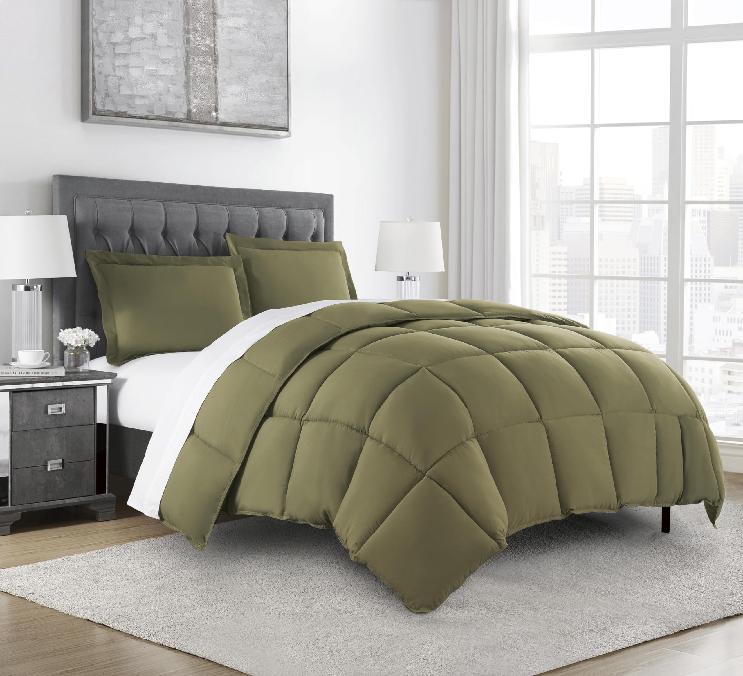 Chezmoi Collection Olive Green Down Alternative Comforter Oversized Queen - 3-Piece Lightweight Comforter Set - All Seasons Micr