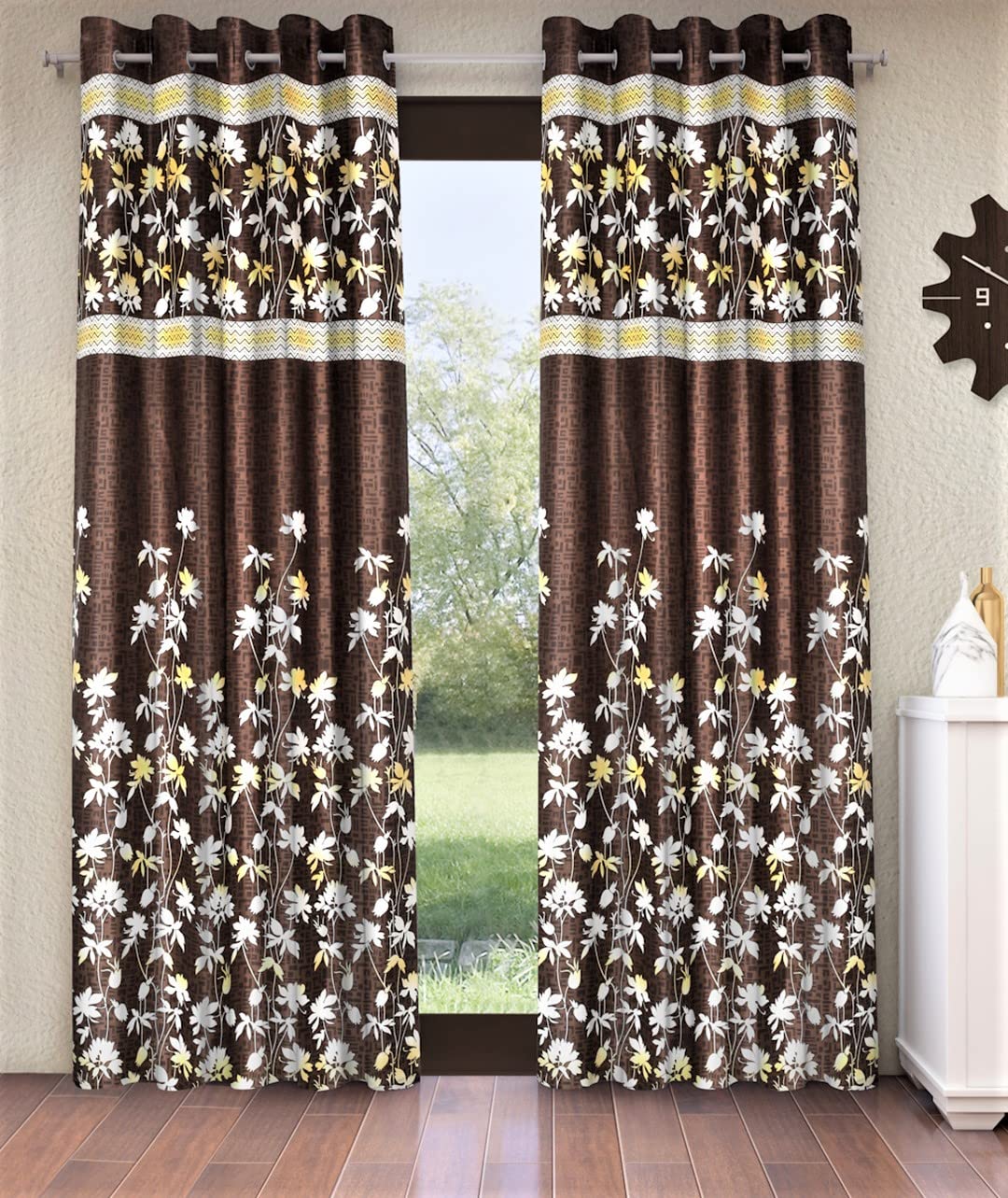 Home Sizzler 2 Piece Flower Border Panel Eyelet Polyester Window Curtains  5 Feet, Brown