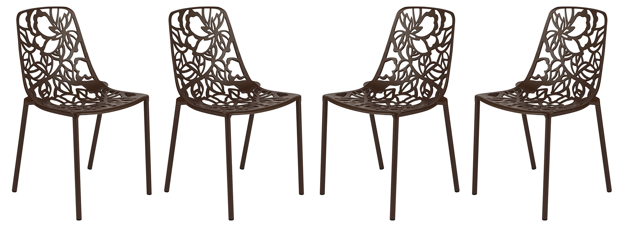 LeisureMod Aluminum Stackable Dining Chair Set of 4 with Floral Cutout Design, Brown Patio Side Chair for Indoor and Outdoor Use