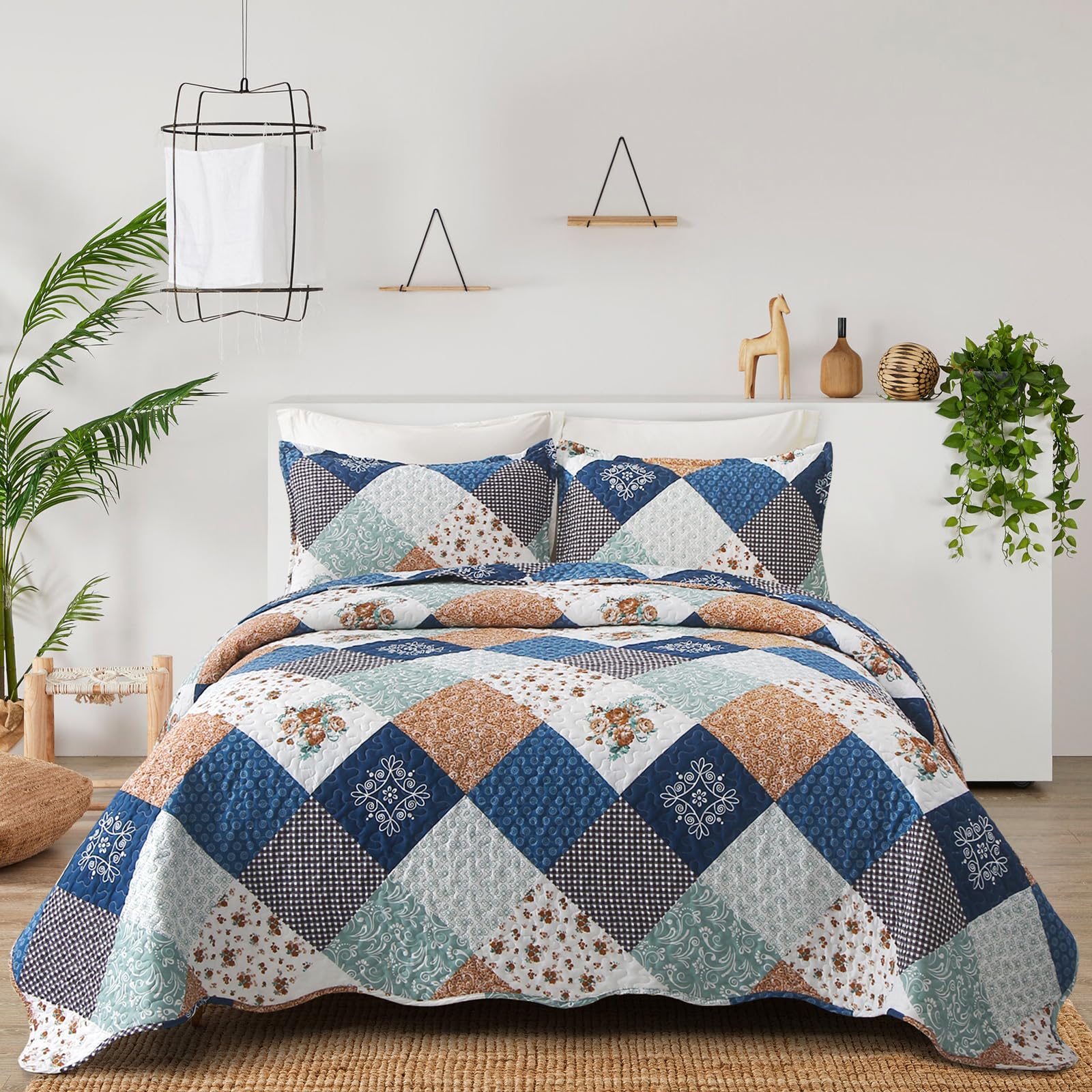 Reversible Patchwork Quilt Bedding Set Queen Size Blue Green Grey Plaid Floral Pattern Bedspread Set Soft Microfiber Coverlets B