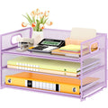 Subekyu 3 Tier Letter Tray Paper Organizer With Handle And 1 Pc Sliding Tray, Purple Metal Mesh Desk File Folder Paper Sorter Or