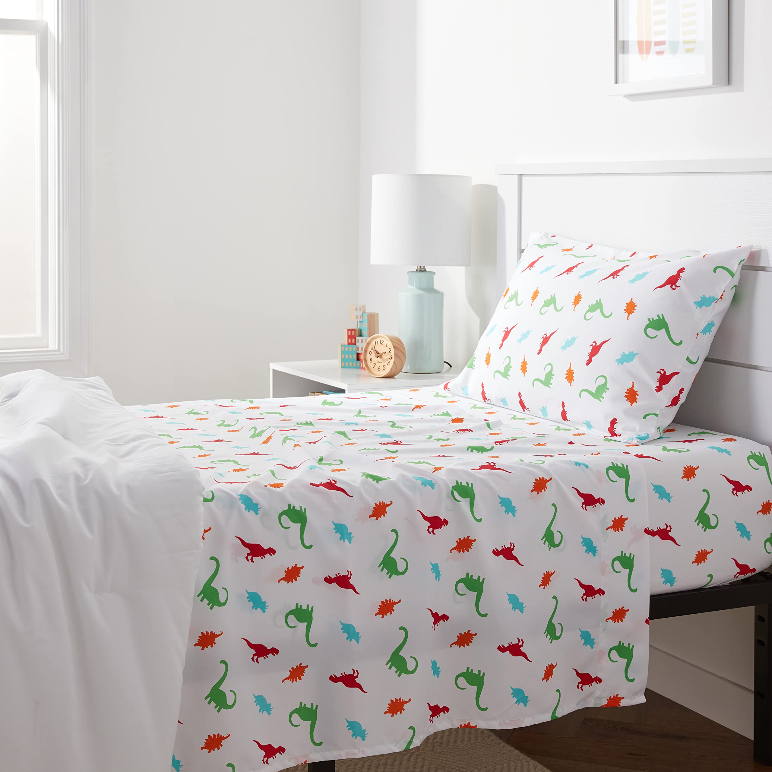 Amazon Basics Kids Soft Easy-Wash Lightweight Microfiber 3-Piece Sheet Set, Twin, Multi-Color Dinosaurs, Animal Print
