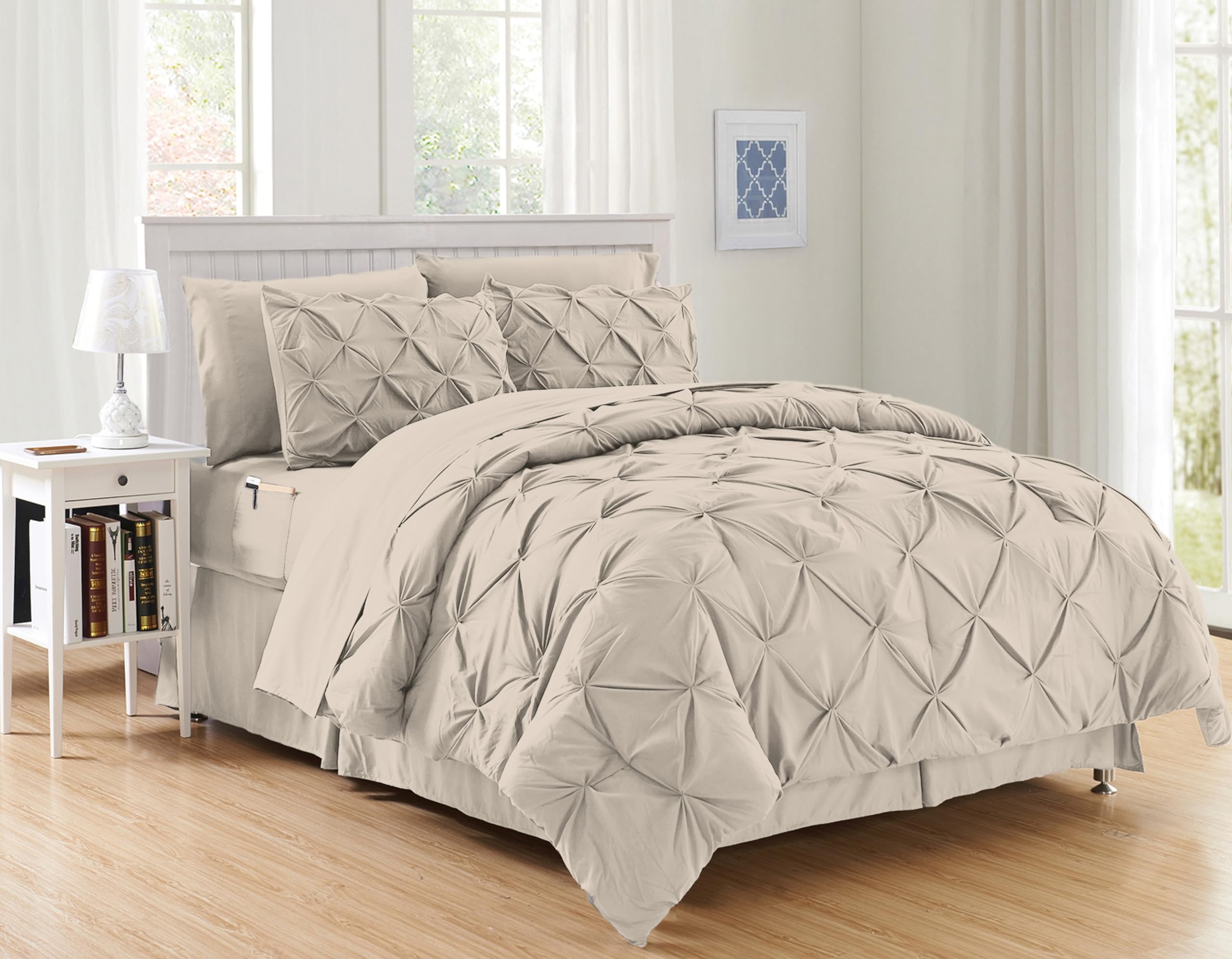 Elegant Comfort Luxury Softest, Coziest 8-Piece Bed-In-A-Bag Comforter Set - Silky Soft Complete Set Includes Bed Sheet Set With Double Sided Storage Pockets, Full/Queen, Linen