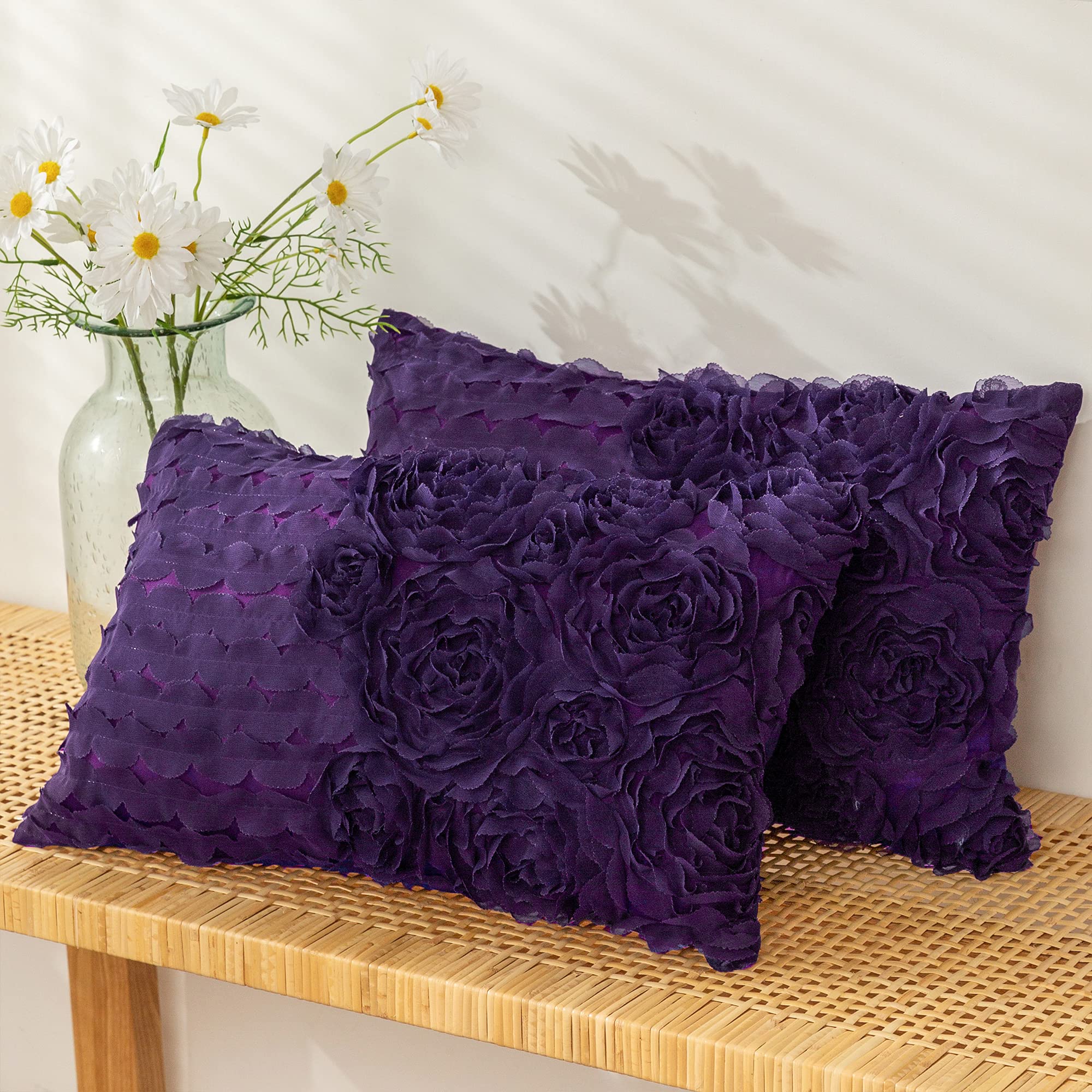 Calitime Throw Pillow Cases Pack Of 2 Solid 3D Stereo Chiffon Wave Rose Flower Decorative Cushion Covers Shells For Couch Sofa B