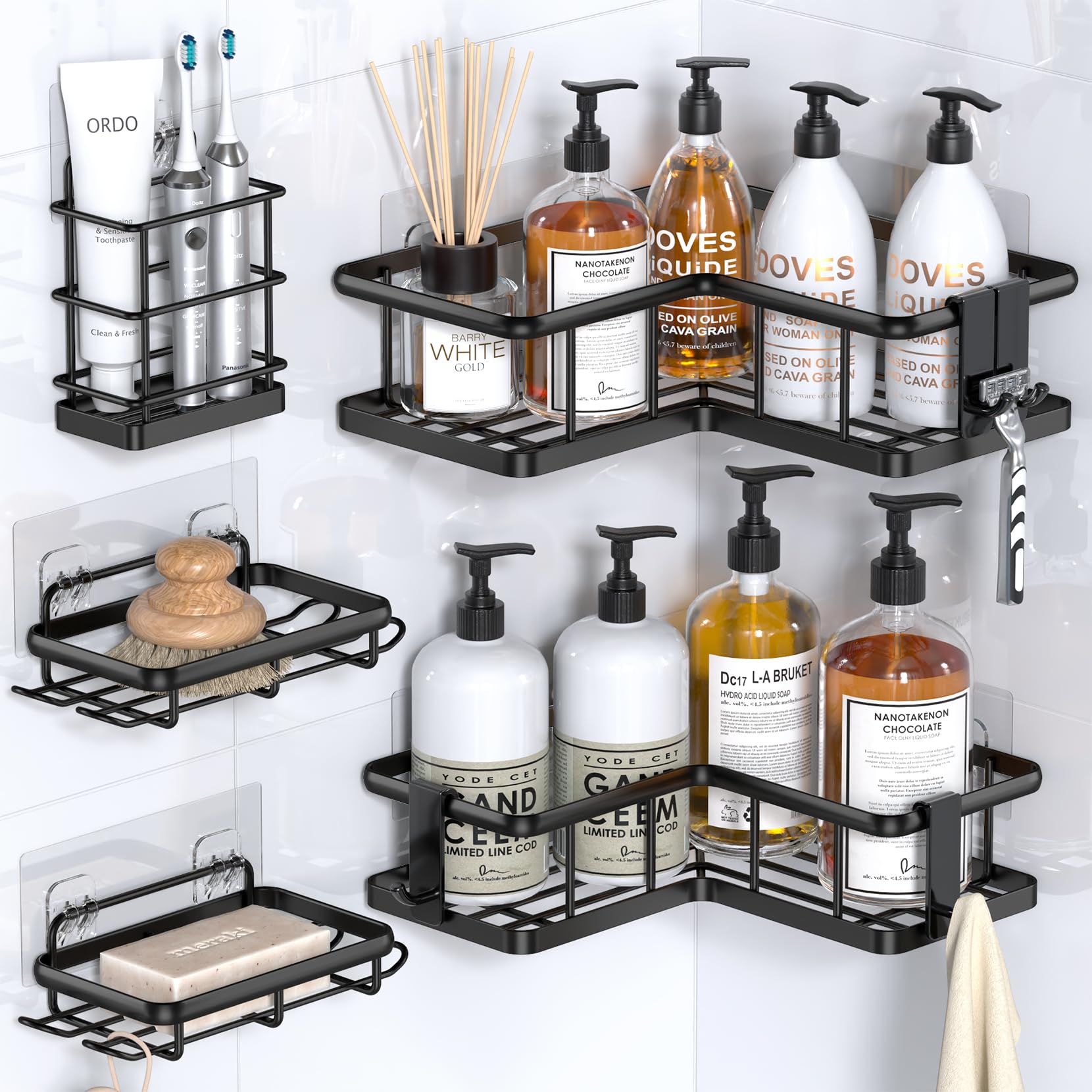 YASONIC 5-Pack Corner Shower Caddy, Corner Shower Shelves with 12 Hooks, Rustproof Shower Shelf for Inside Shower, No Drilling S