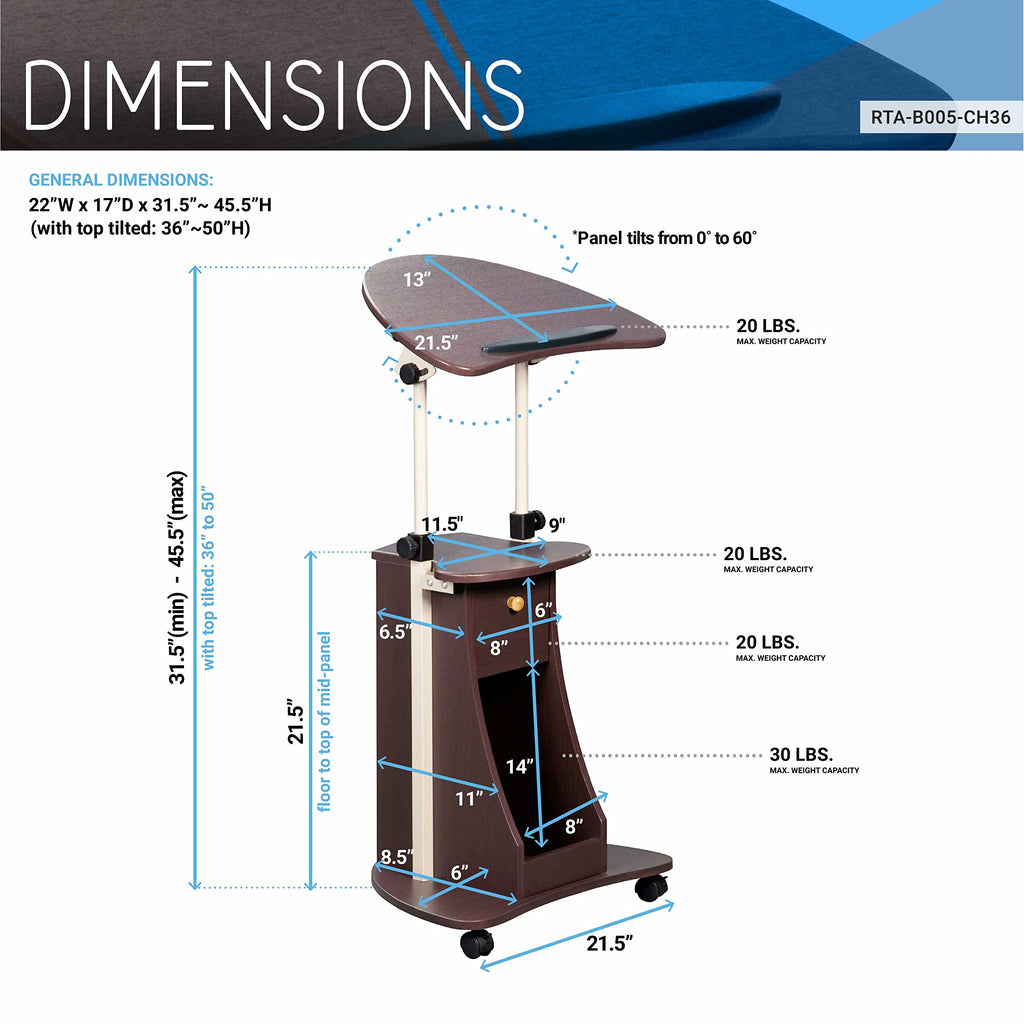 Techni Mobili Sit-to-Stand Rolling Adjustable Storage Medical Laptop Computer Cart, Chocolate, B005