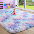 Amdrebio Purple Rainbow Area Rug for Girls Bedroom, 8x10 Rug, Soft Fluffy Shag Rug for Kids Room, Cute Kawaii Mermaid Rug for Pl